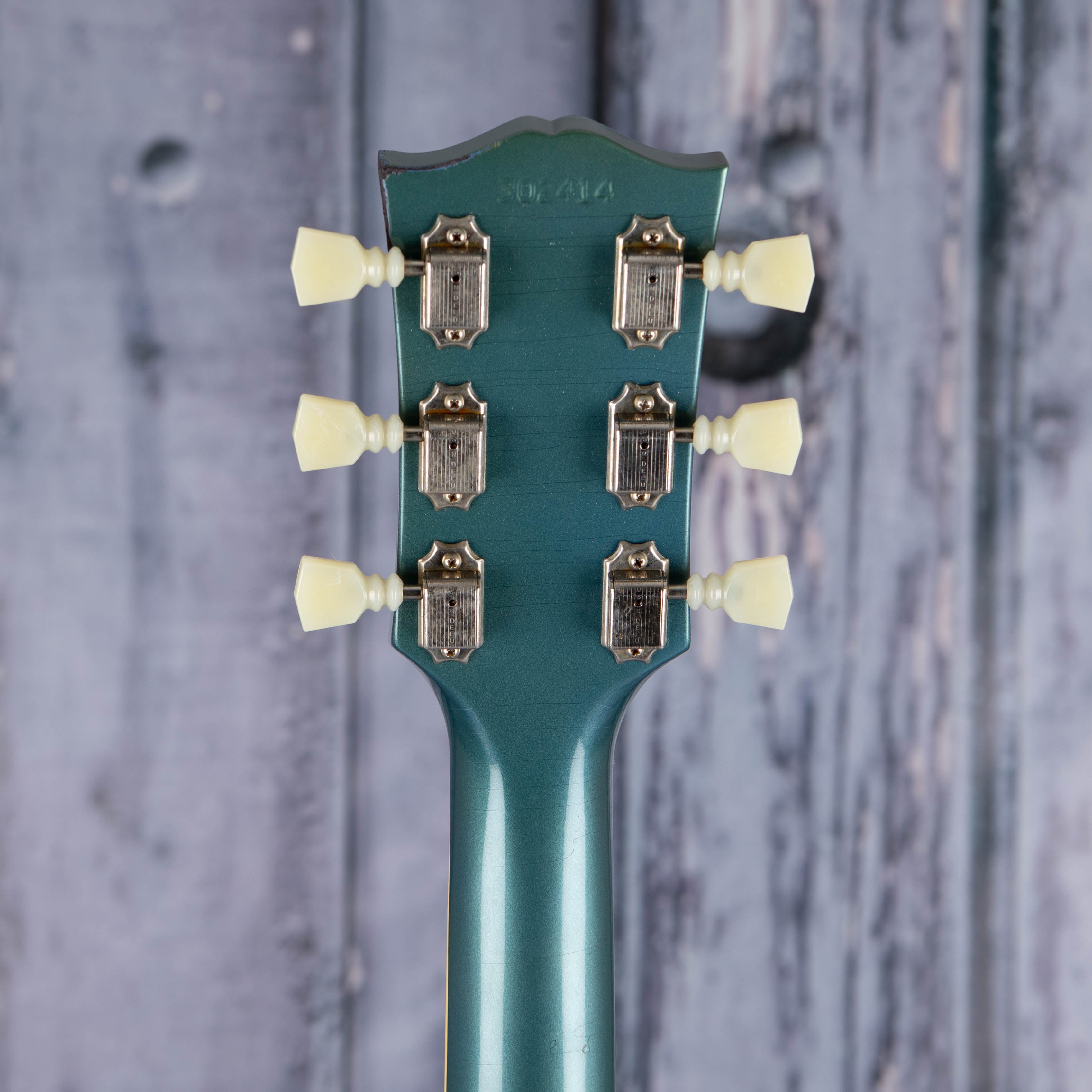 Gibson Custom Shop 1964 SG Standard Reissue w/ Maestro Vibrola Murphy Lab Light Aged Electric Guitar, Antique Pelham Blue, back headstock