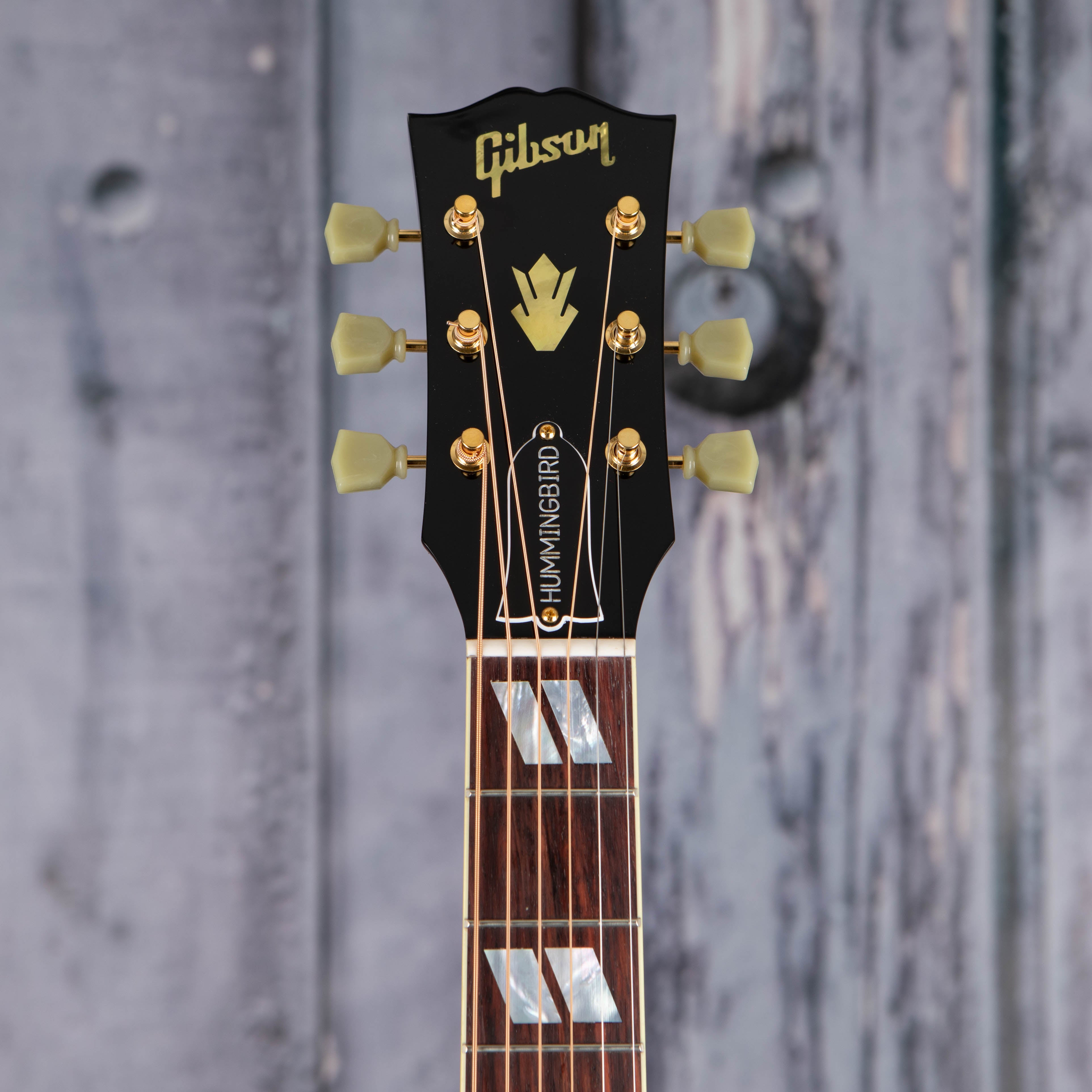 Gibson Montana Hummingbird Original Acoustic/Electric Guitar, Antique Natural, front headstock