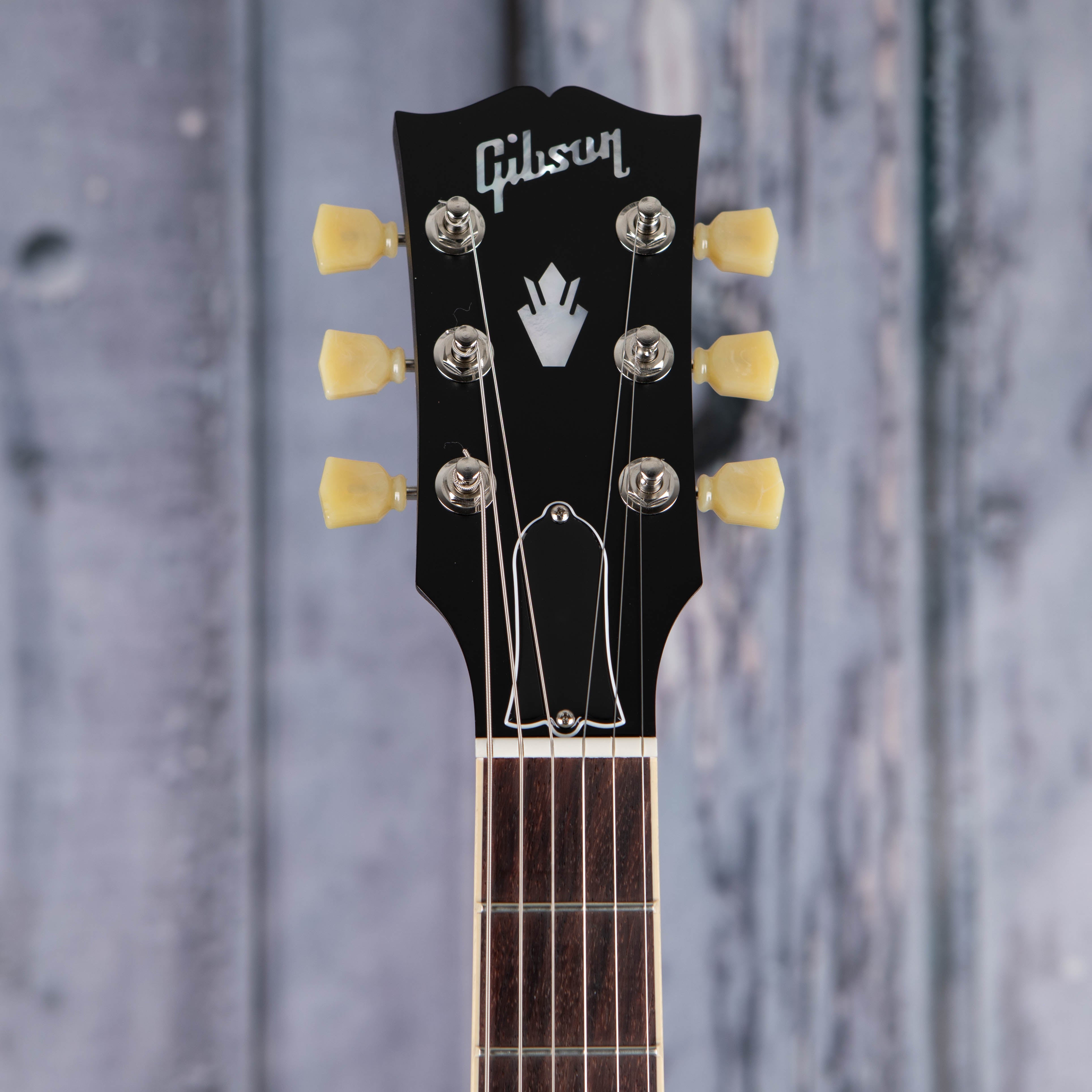 Gibson USA ES-335 Satin Semi-Hollowbody Guitar, Satin Vintage Sunburst, front headstock