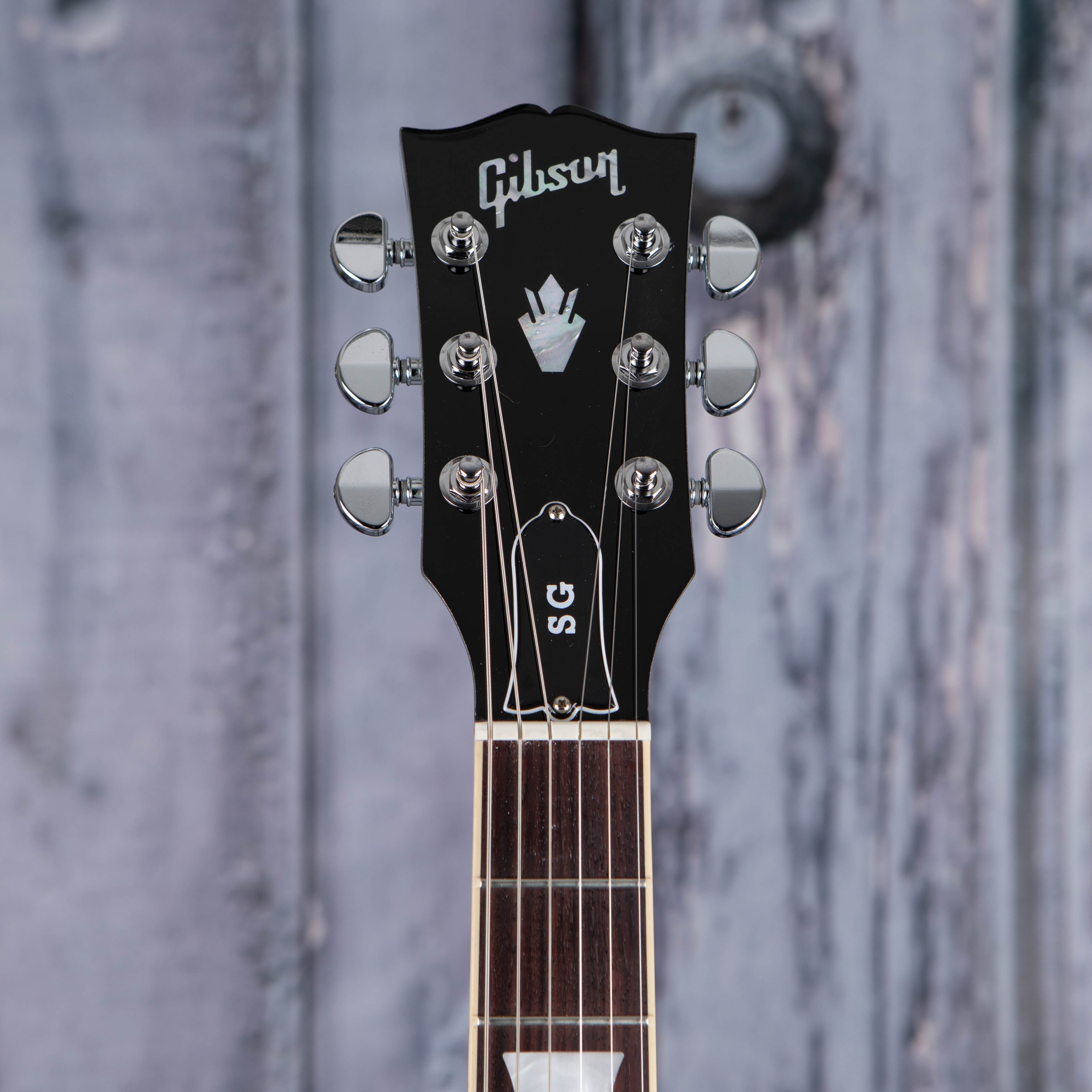 Gibson USA SG Standard Electric Guitar, Silver Metallic, front headstock