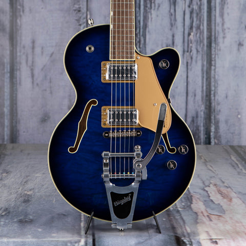 Gretsch G5655T-QM Electromatic Center Block Jr. Single-Cut Quilted Maple With Bigsy Semi-Hollowbody Guitar, Hudson Sky, front closeup
