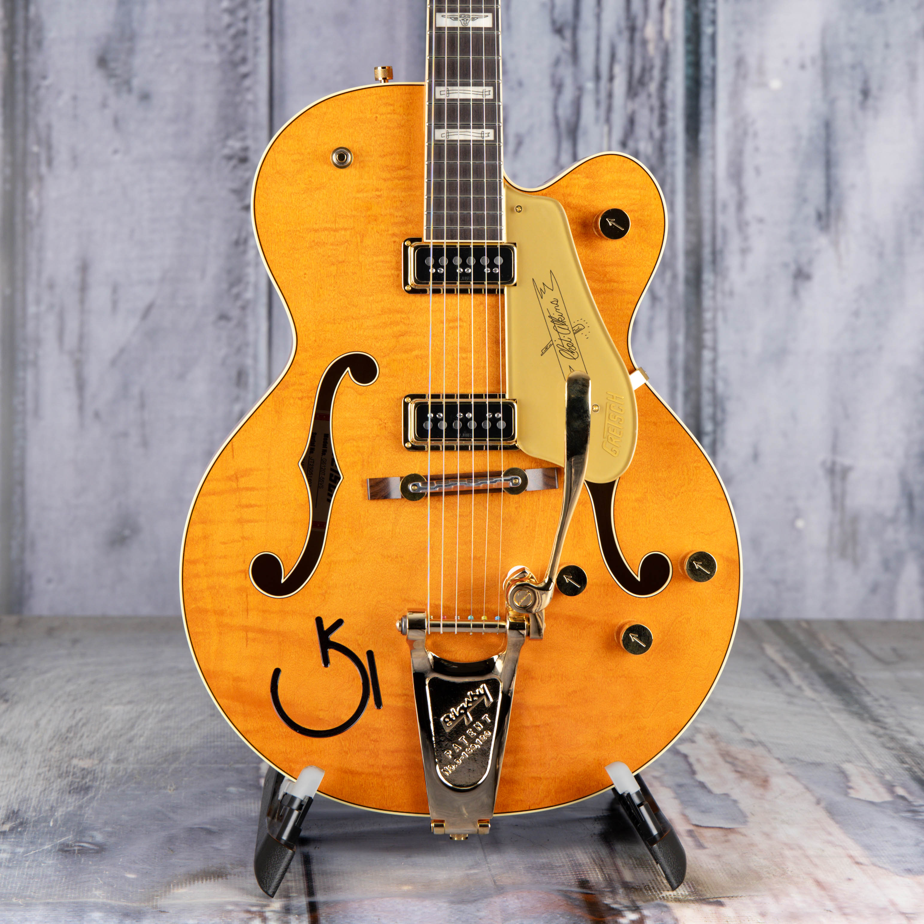 Gretsch G6120-55 Vintage Select Edition '55 Chet Atkins Hollowbody W/ Bigsby Electric Guitar, Vintage Orange Stain Lacquer, front closeup
