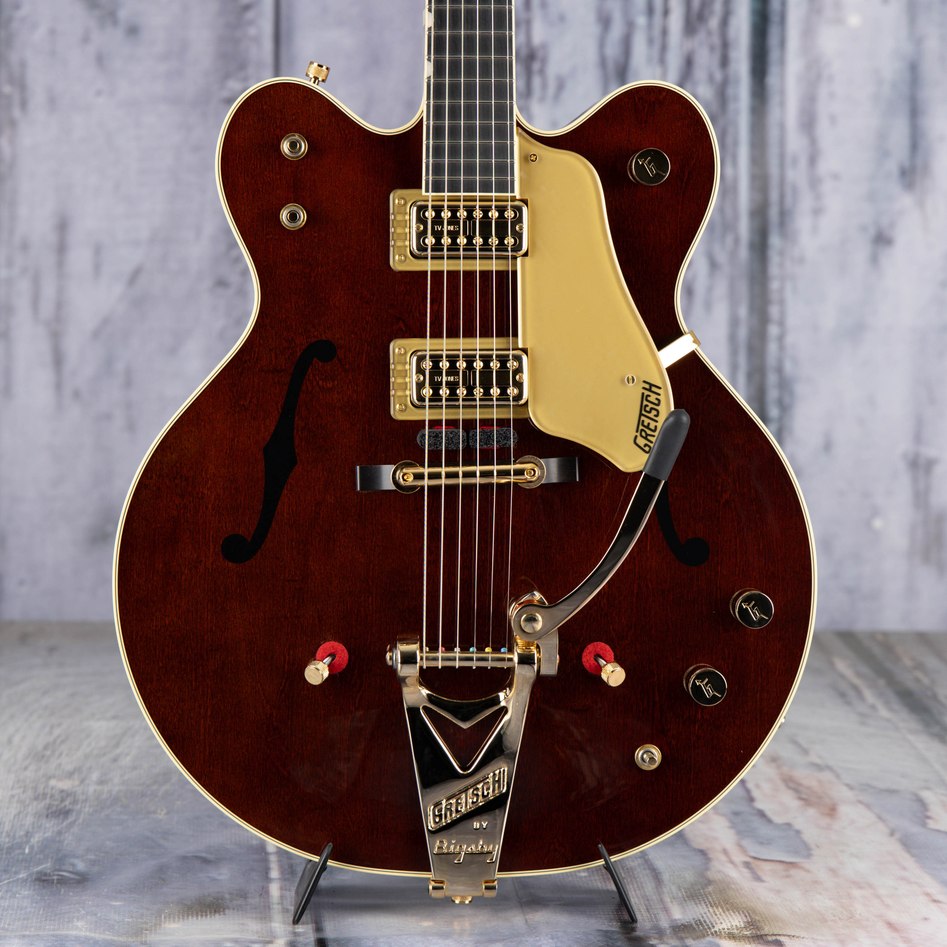 Gretsch G6122T-62 Vintage Select Edition '62 Chet Atkins Country Gentleman Hollowbody W/ Bigsby Electric Guitar, Walnut Stain, front closeup