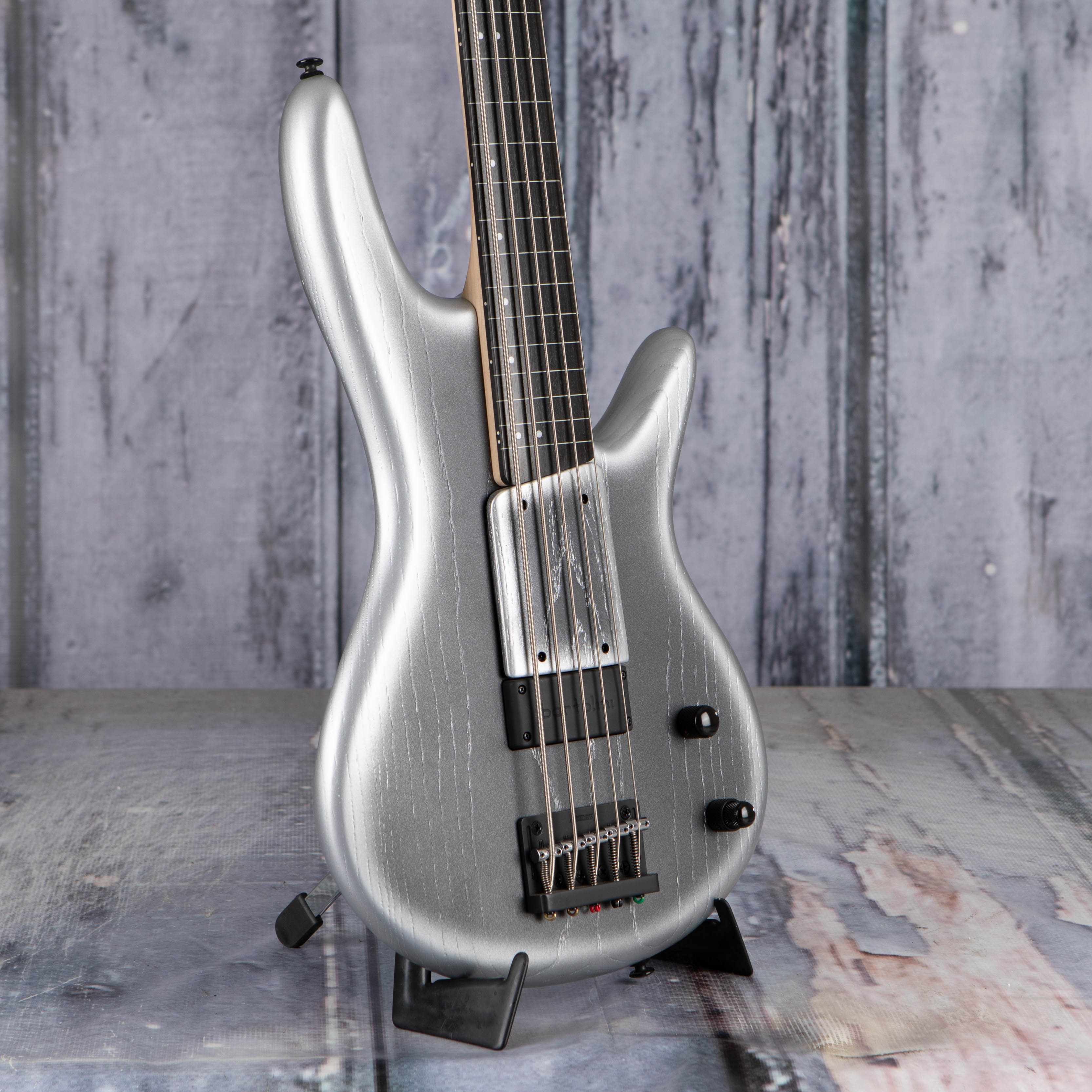 Ibanez Premium Gary Willis Signature Fretless 5-String Electric Bass Guitar, Silver Wave Burst Flat, angle