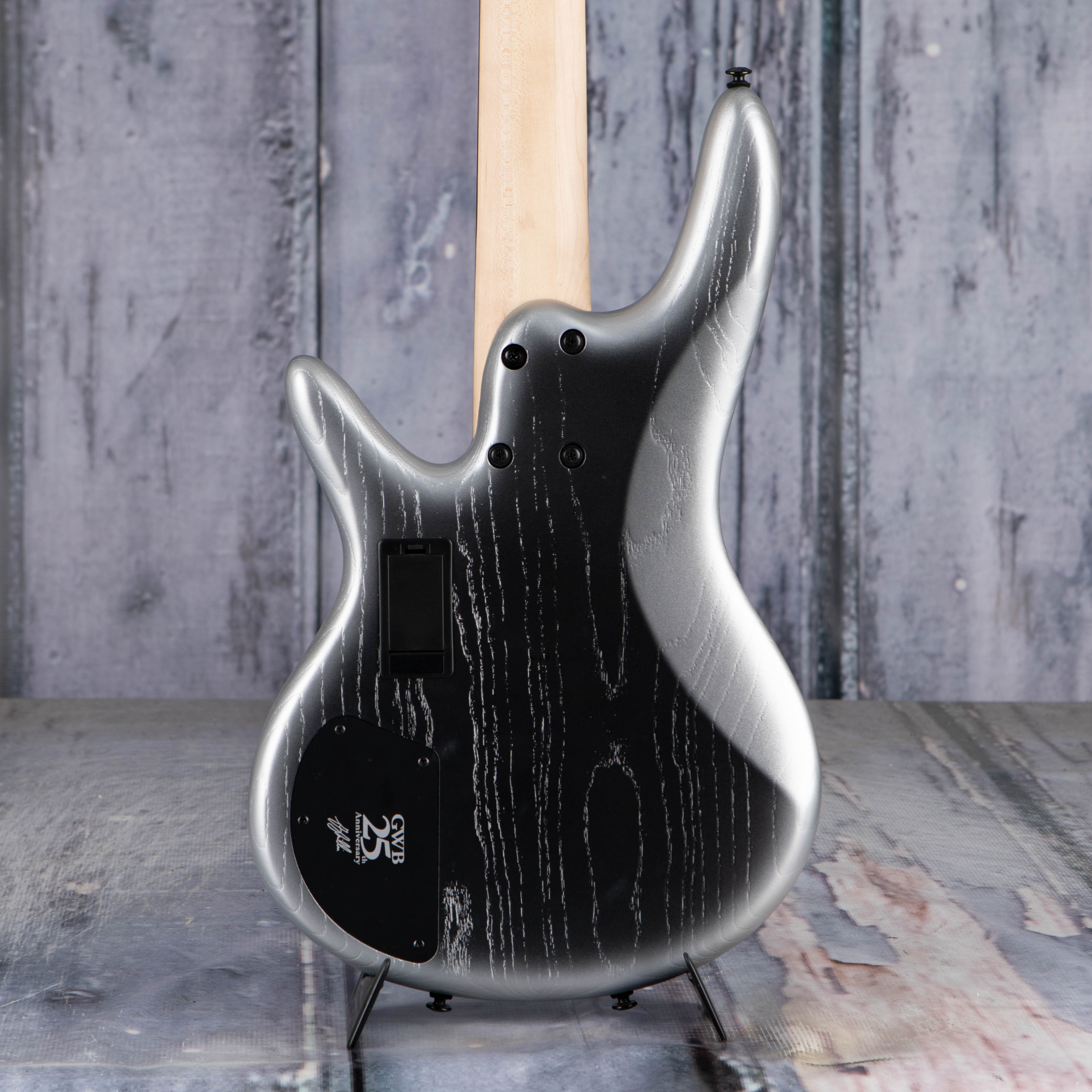 Ibanez Premium Gary Willis Signature Fretless 5-String Electric Bass Guitar, Silver Wave Burst Flat, back closeup