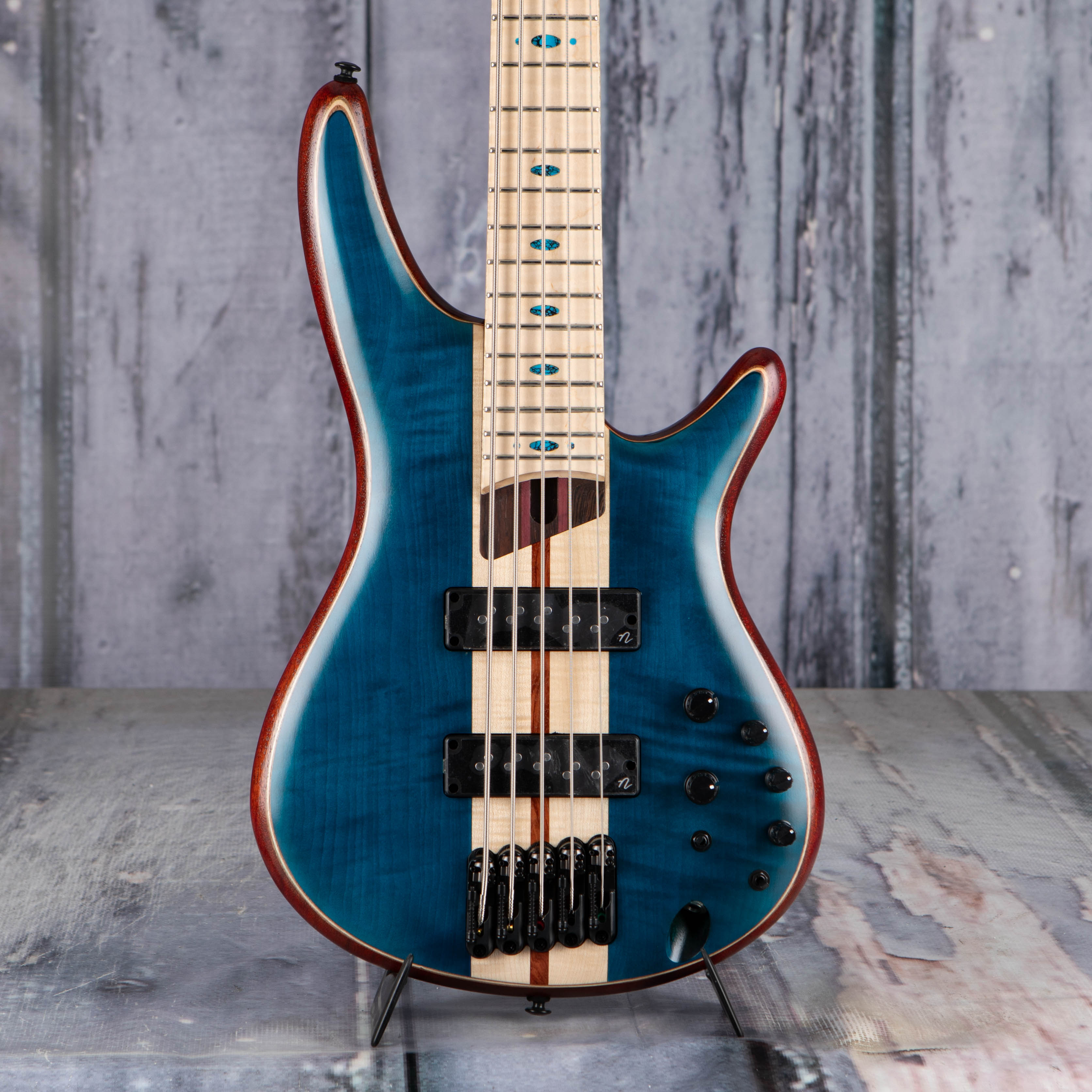 Ibanez SR Premium 5-String Electric Bass Guitar, Caribbean Green Low Gloss, front closeup