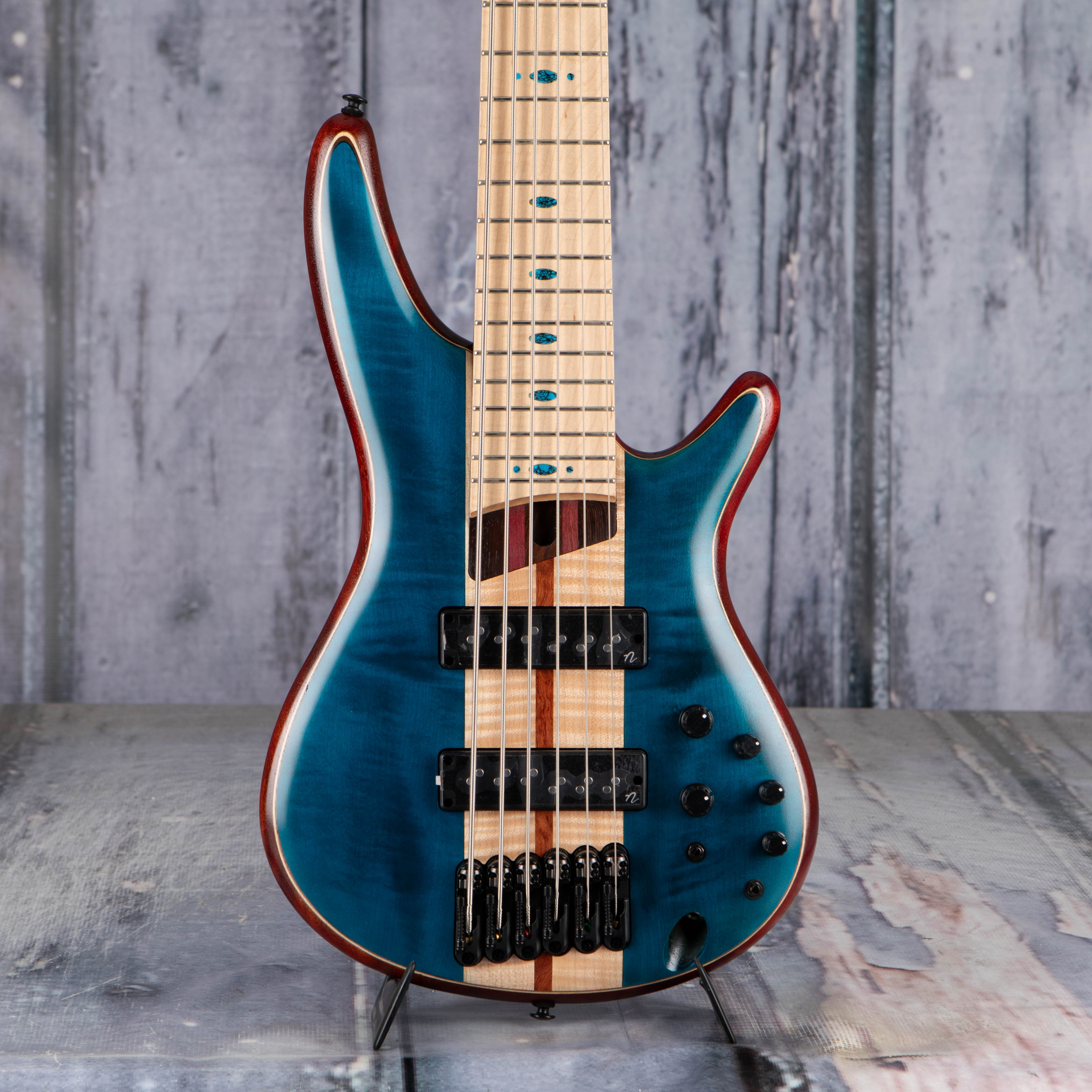 Ibanez SR Premium 6-String Electric Bass Guitar, Caribbean Green Low Gloss, front closeup