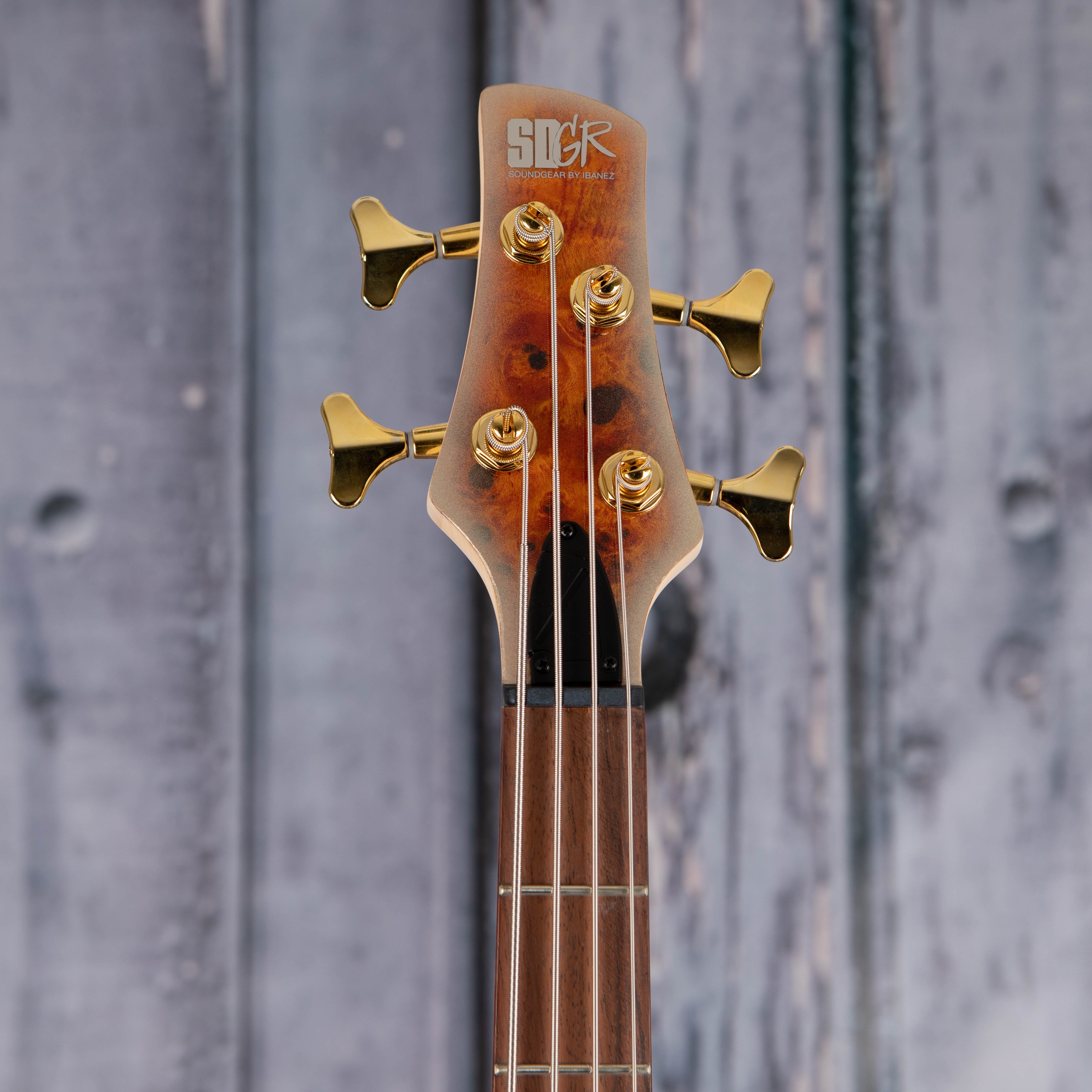 Ibanez Standard SR400EPBDX Electric Bass Guitar, Mars Gold Metallic Burst, front headstock