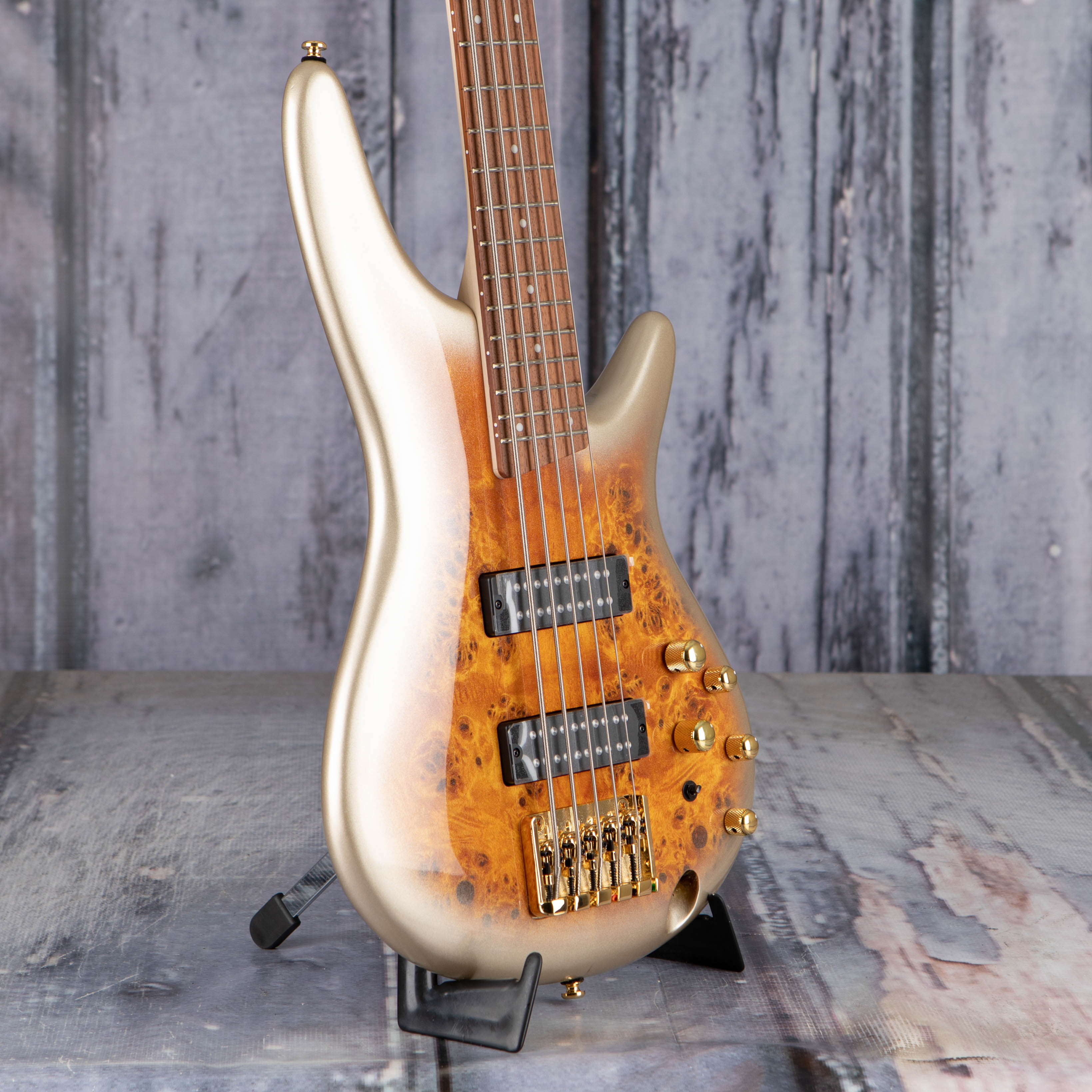 Ibanez Standard SR405EPBDX 5-String Electric Bass Guitar, Mars Gold Metallic Burst, angle