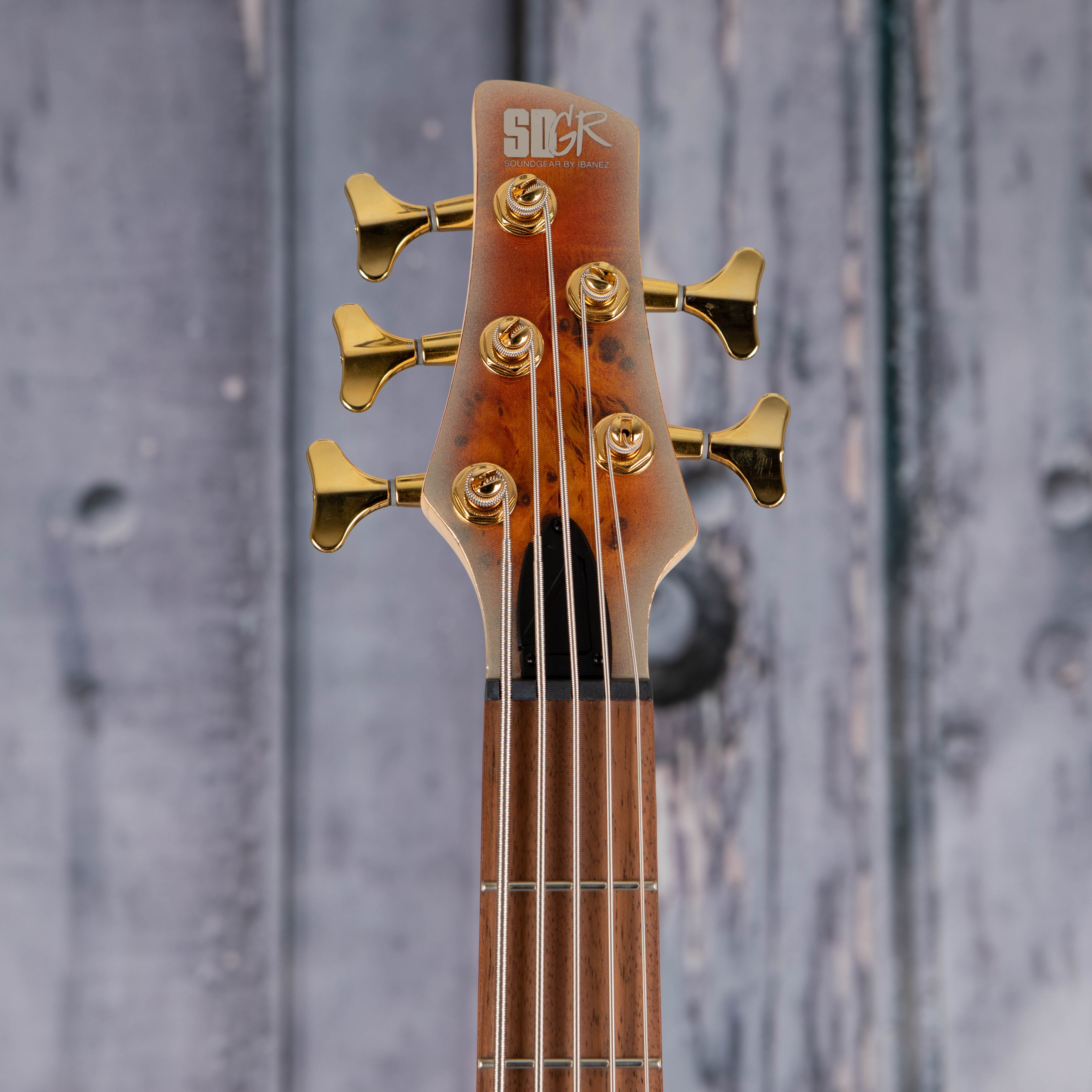 Ibanez Standard SR405EPBDX 5-String Electric Bass Guitar, Mars Gold Metallic Burst, front headstock