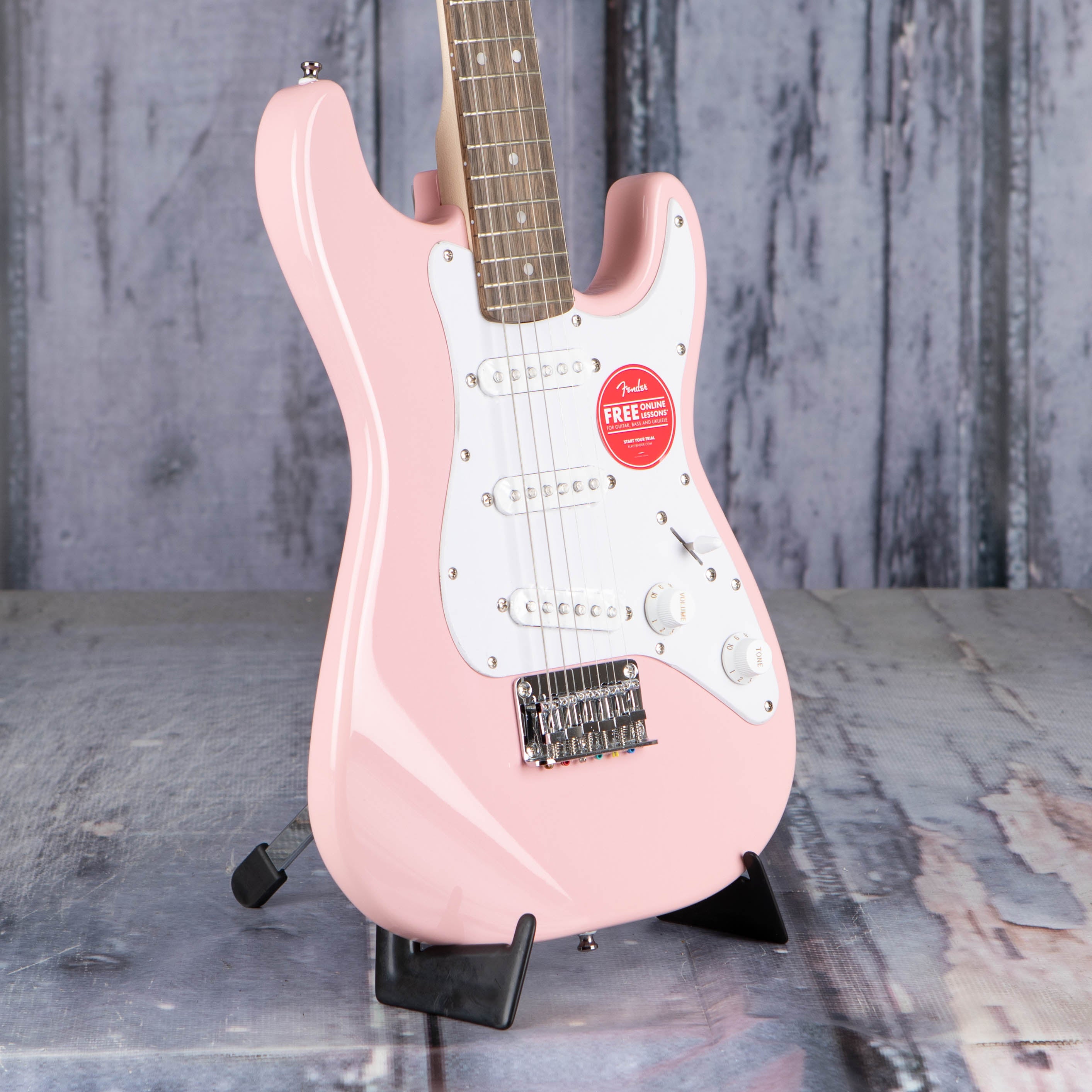 Squier Mini Stratocaster Electric Guitar, Shell Pink, angle