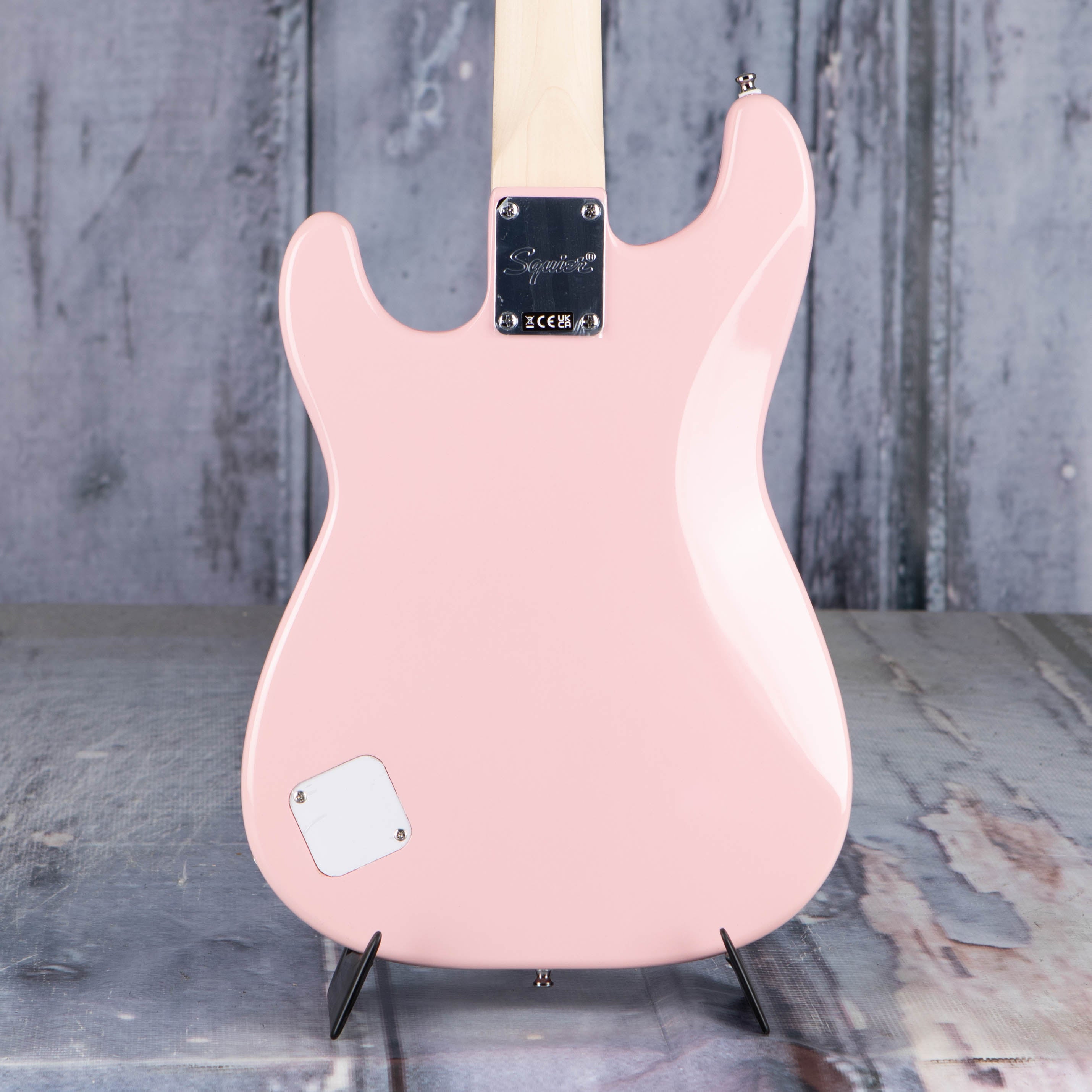 Squier Mini Stratocaster Electric Guitar, Shell Pink, back closeup
