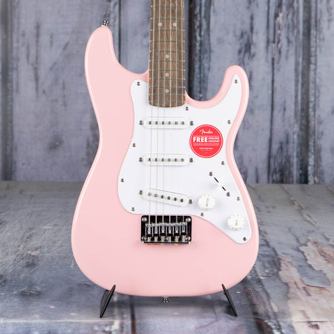 Squier Mini Stratocaster Electric Guitar, Shell Pink, front closeup