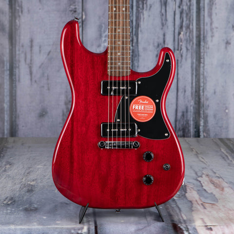 Squier Paranormal Strat-O-Sonic Electric Guitar, Crimson Red Transparent, front closeup