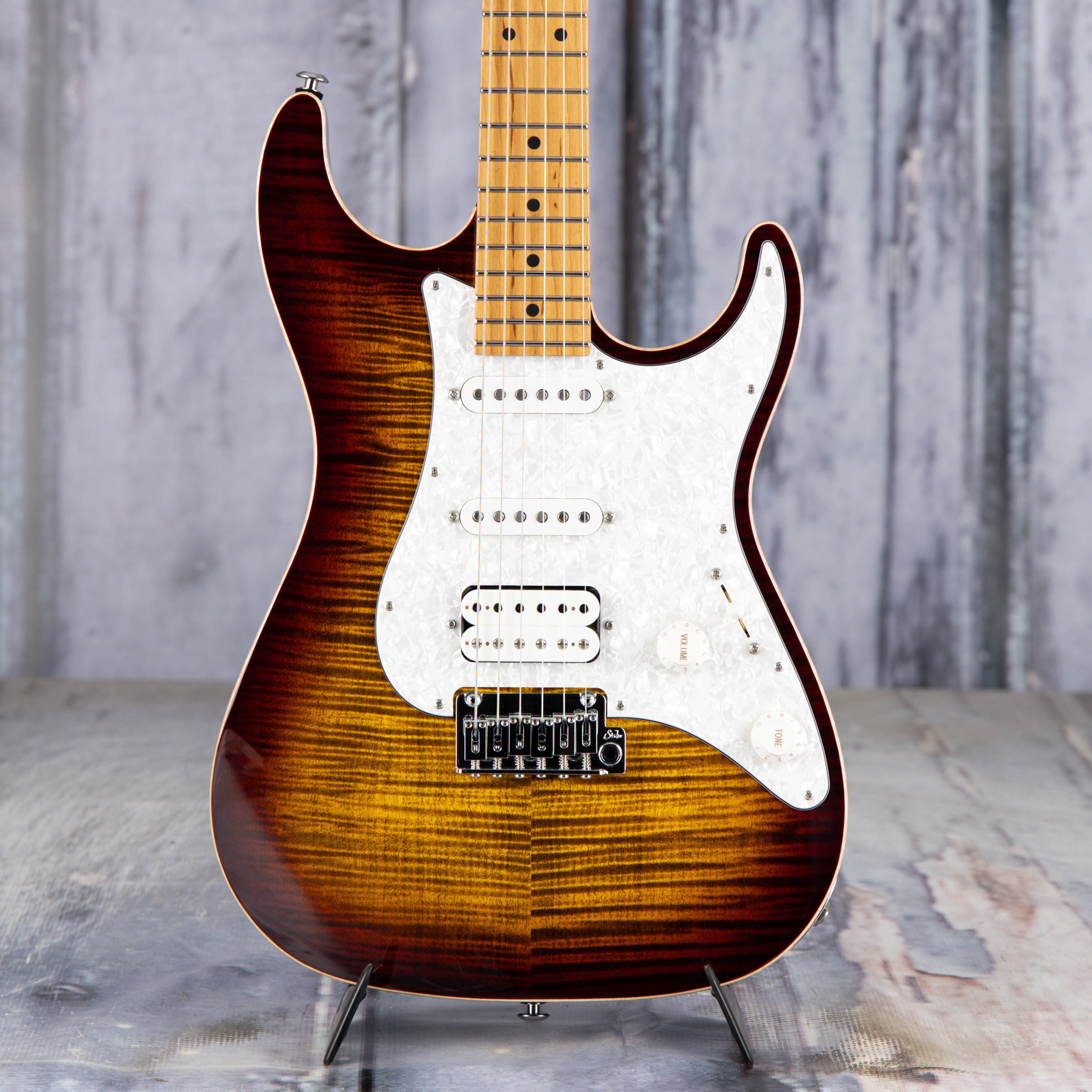 Suhr Standard Plus Electric Guitar, HSS, Bengal Burst, front closeup