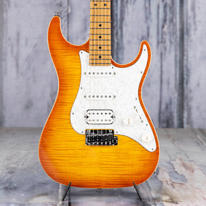 Suhr Standard Plus Electric Guitar, HSS, Trans Honey Amber Burst, front closeup