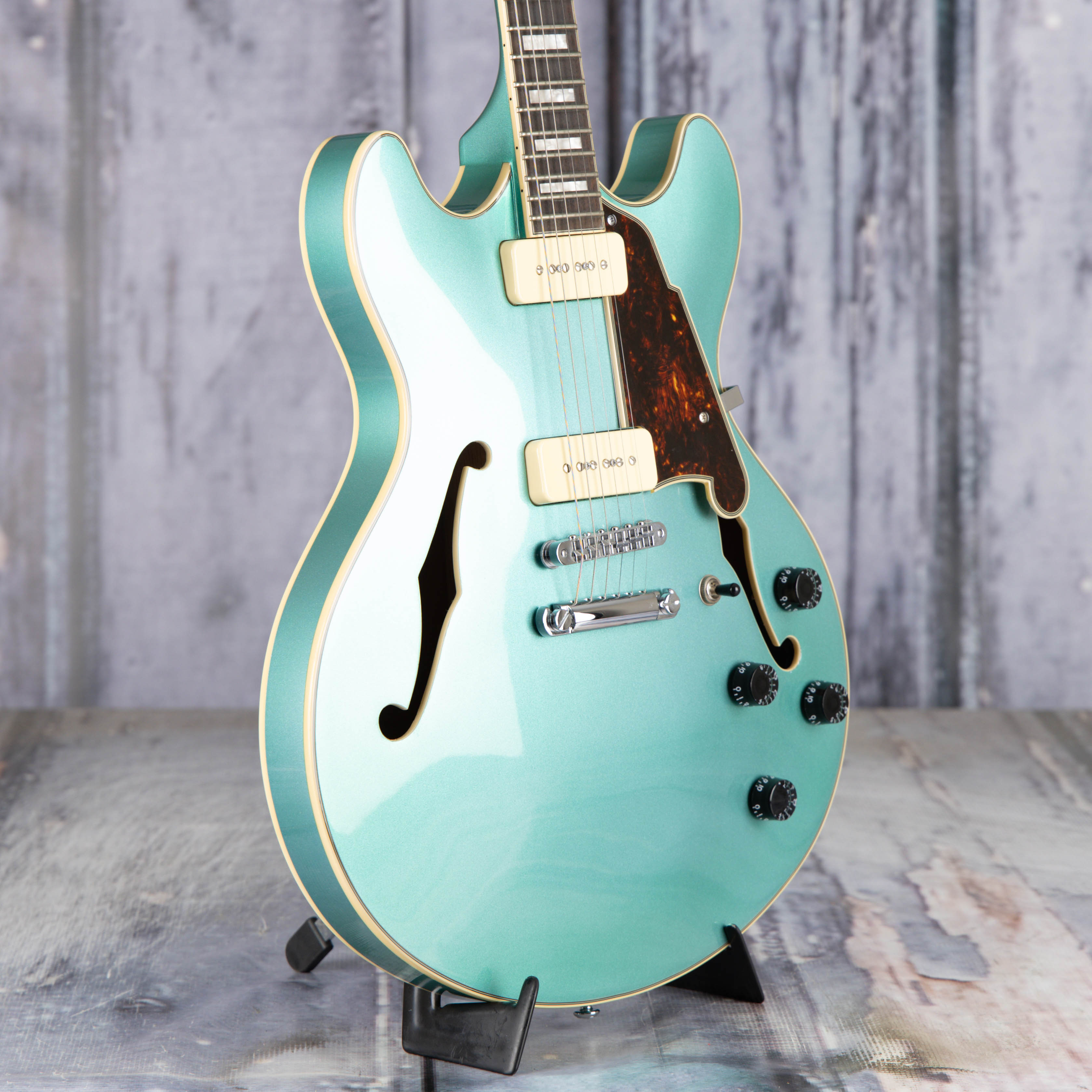 Used D'Angelico Premier DC Boardwalk P90 Semi-Hollowbody Guitar, Turquoise, angle