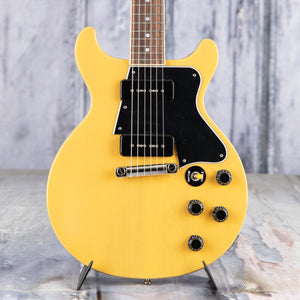 Used Epiphone Inspired By Gibson Custom 1960 Les Paul Special Double Cut Reissue Electric Guitar, TV Yellow, front closeup