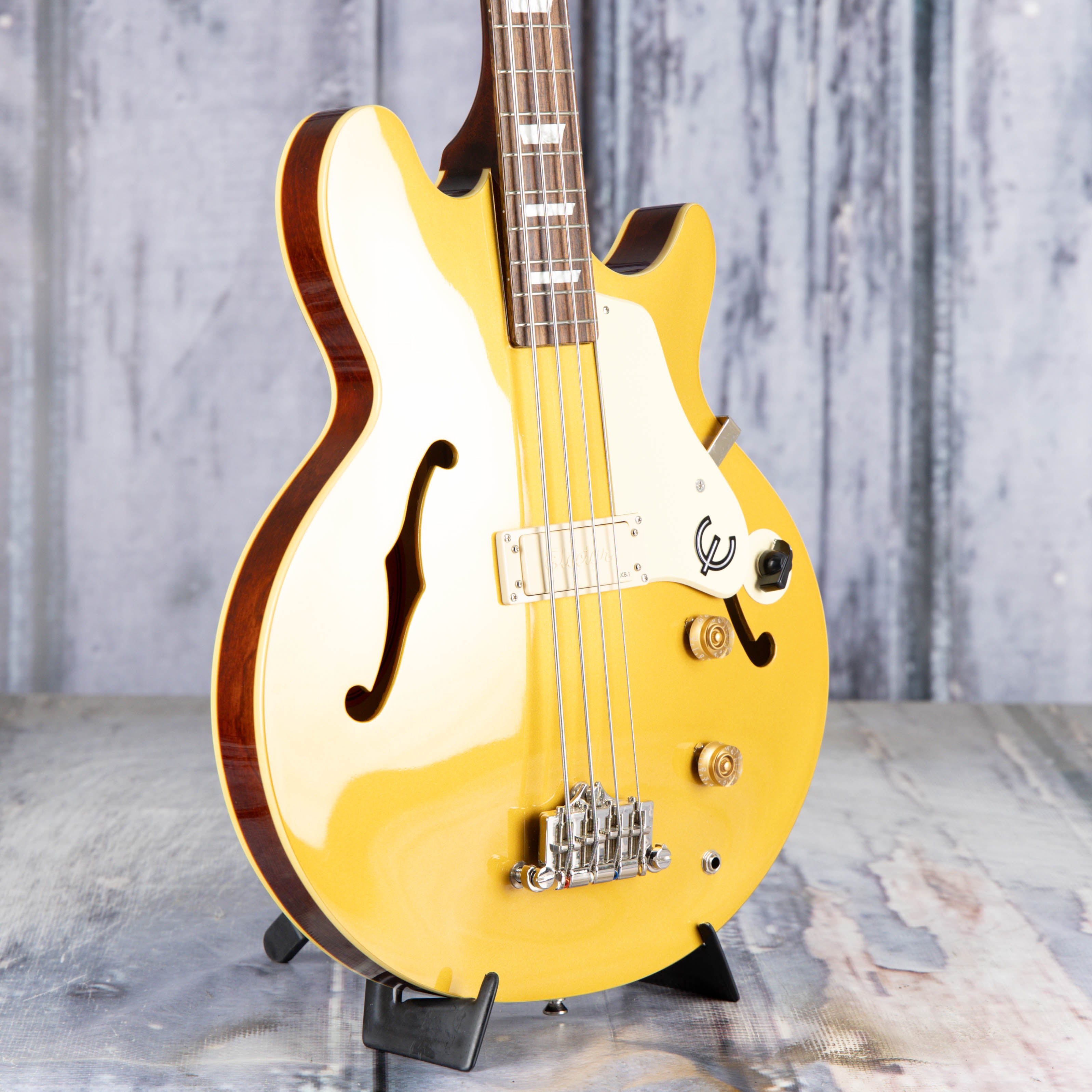 Used Epiphone Jack Cassady Bass Guitar, Goldtop, angle