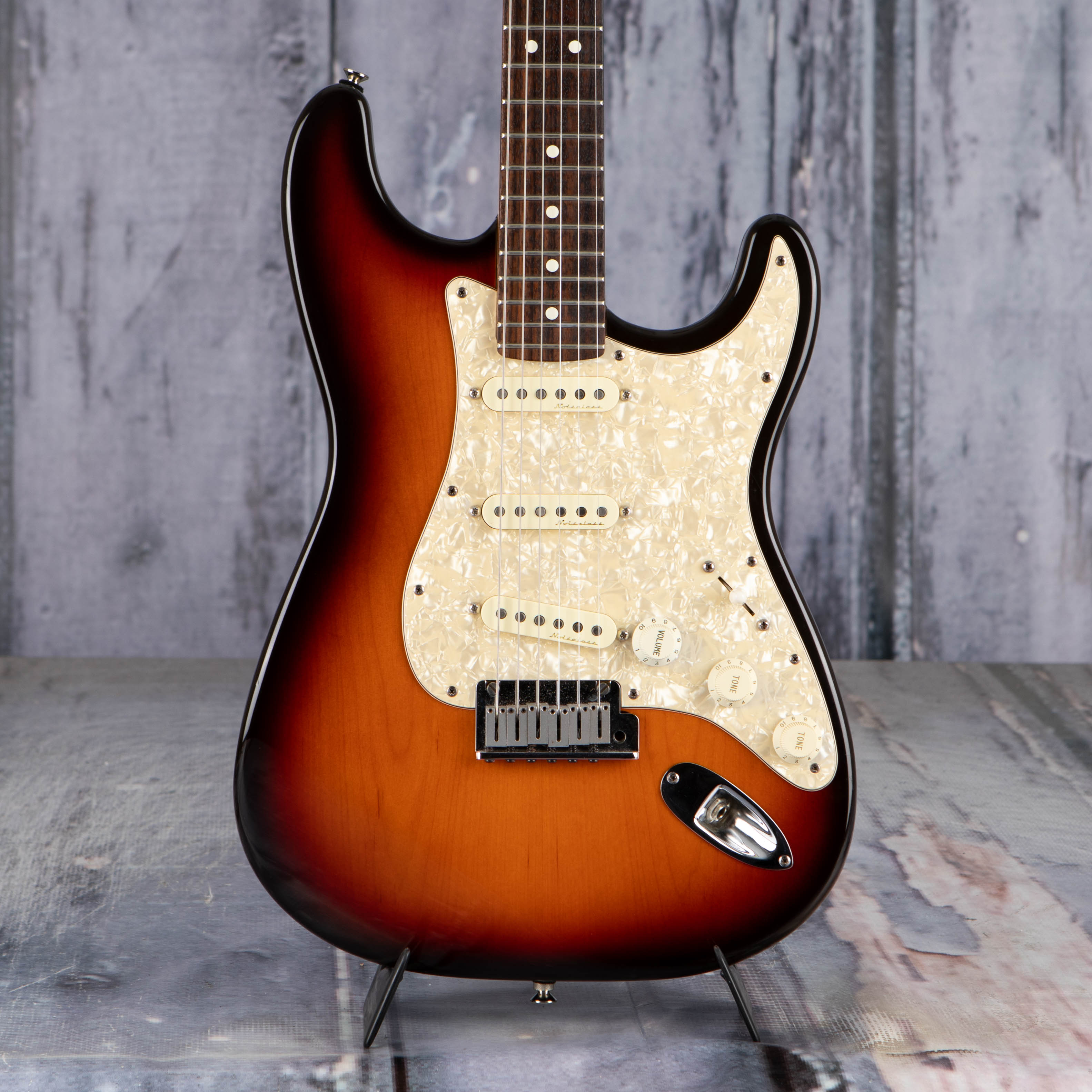 Used Fender American Standard Stratocaster Electric Guitar, 1996, 3-Color Sunburst, front closeup