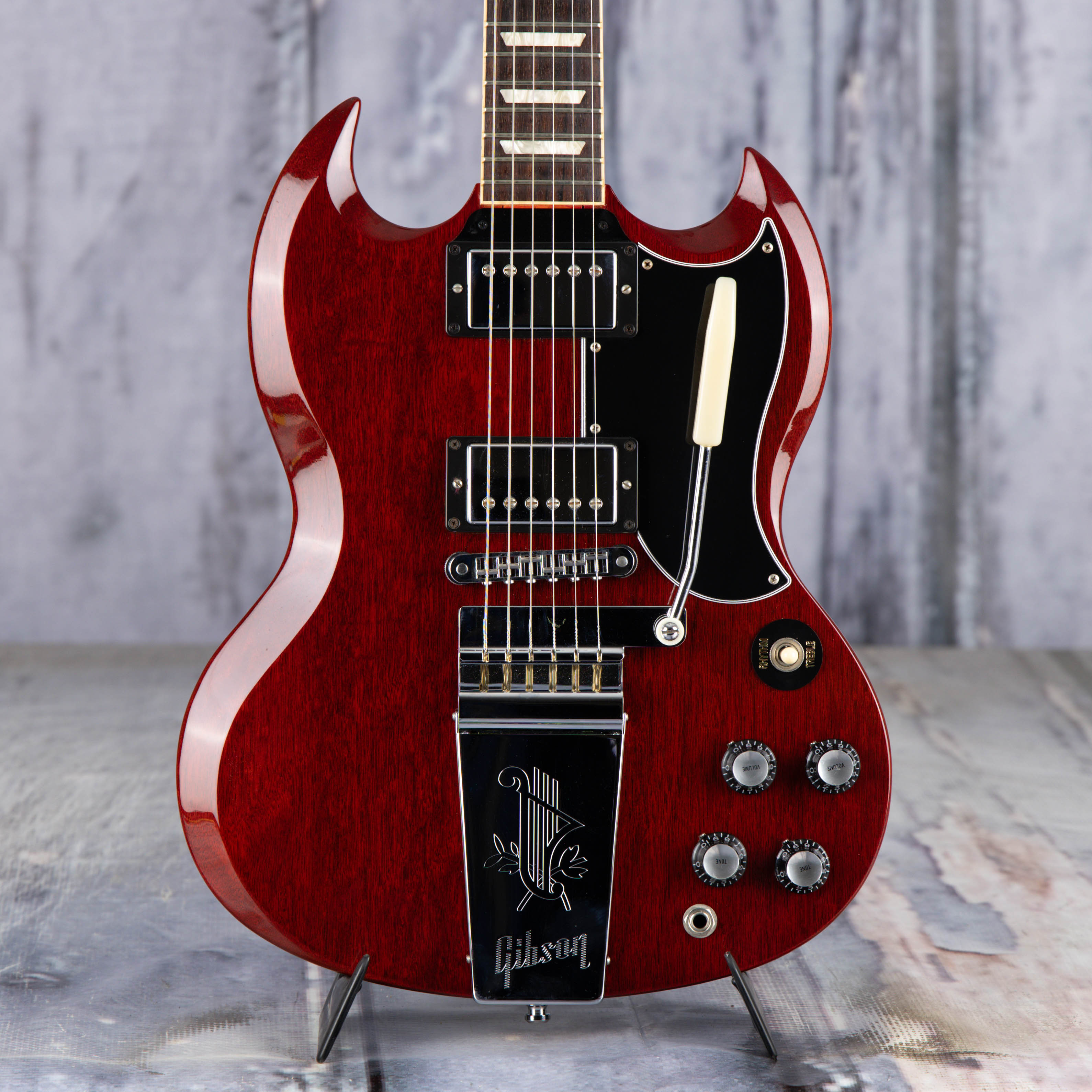 Used Gibson 1961 SG Standard Maestro Vibrola Electric Guitar, Vintage Cherry, front closeup