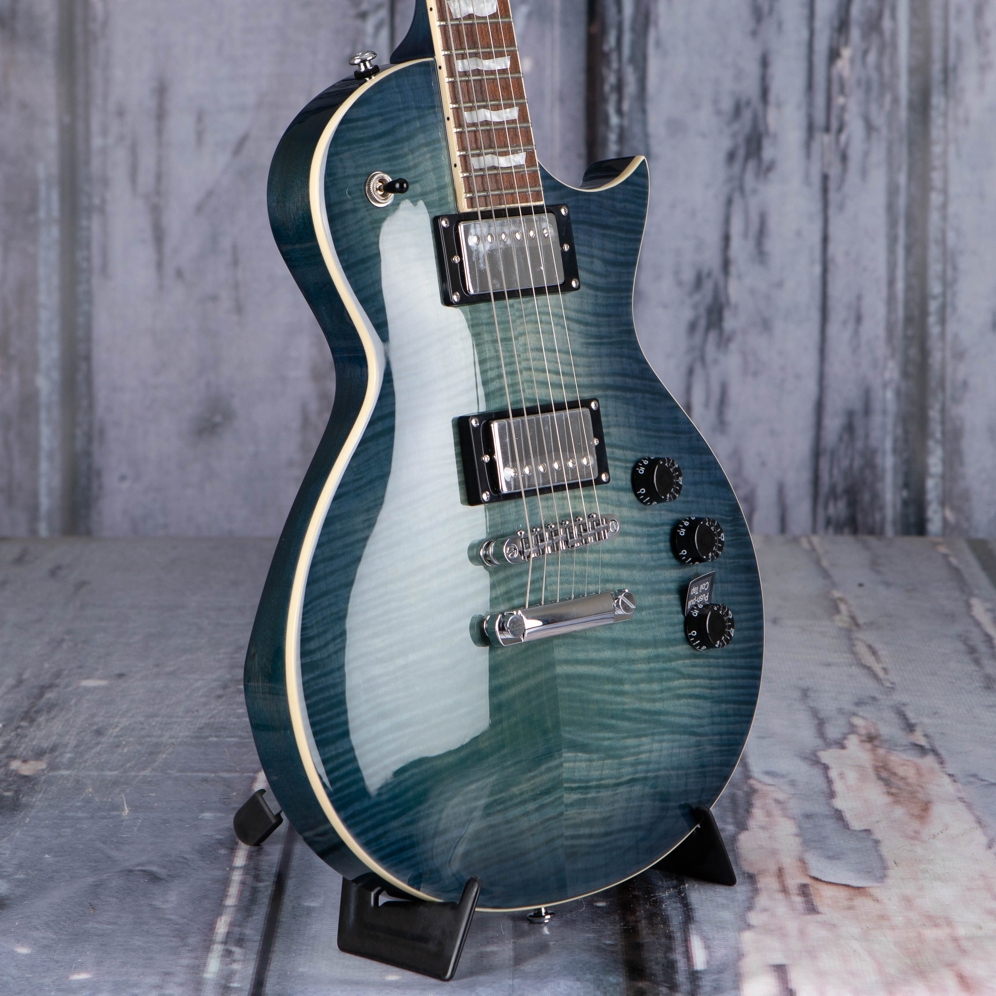 ESP LTD EC-256FM Electric Guitar, See Thru Cobalt Blue, angle