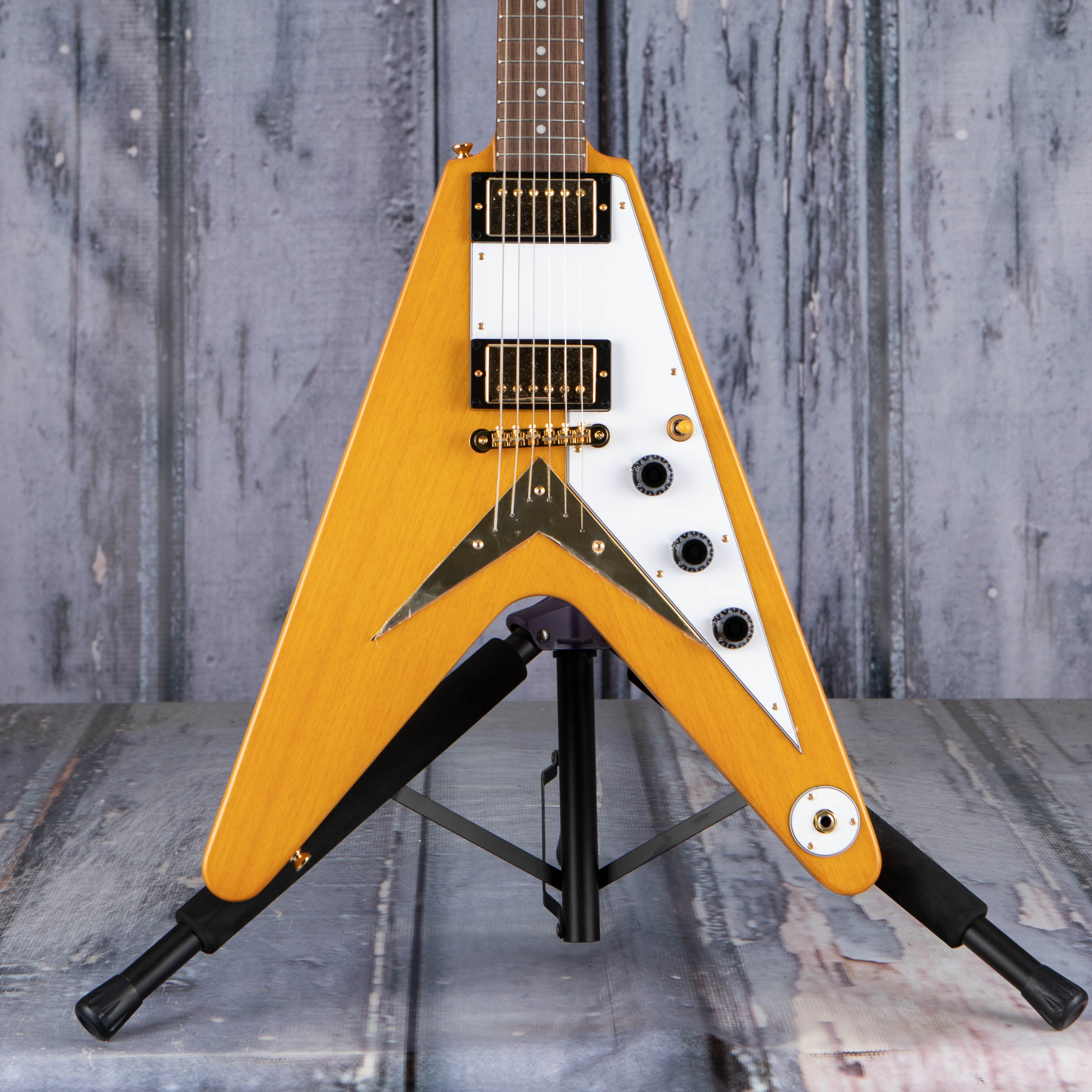 Epiphone 1958 Korina Flying V Electric Guitar, Aged Natural, front closeup