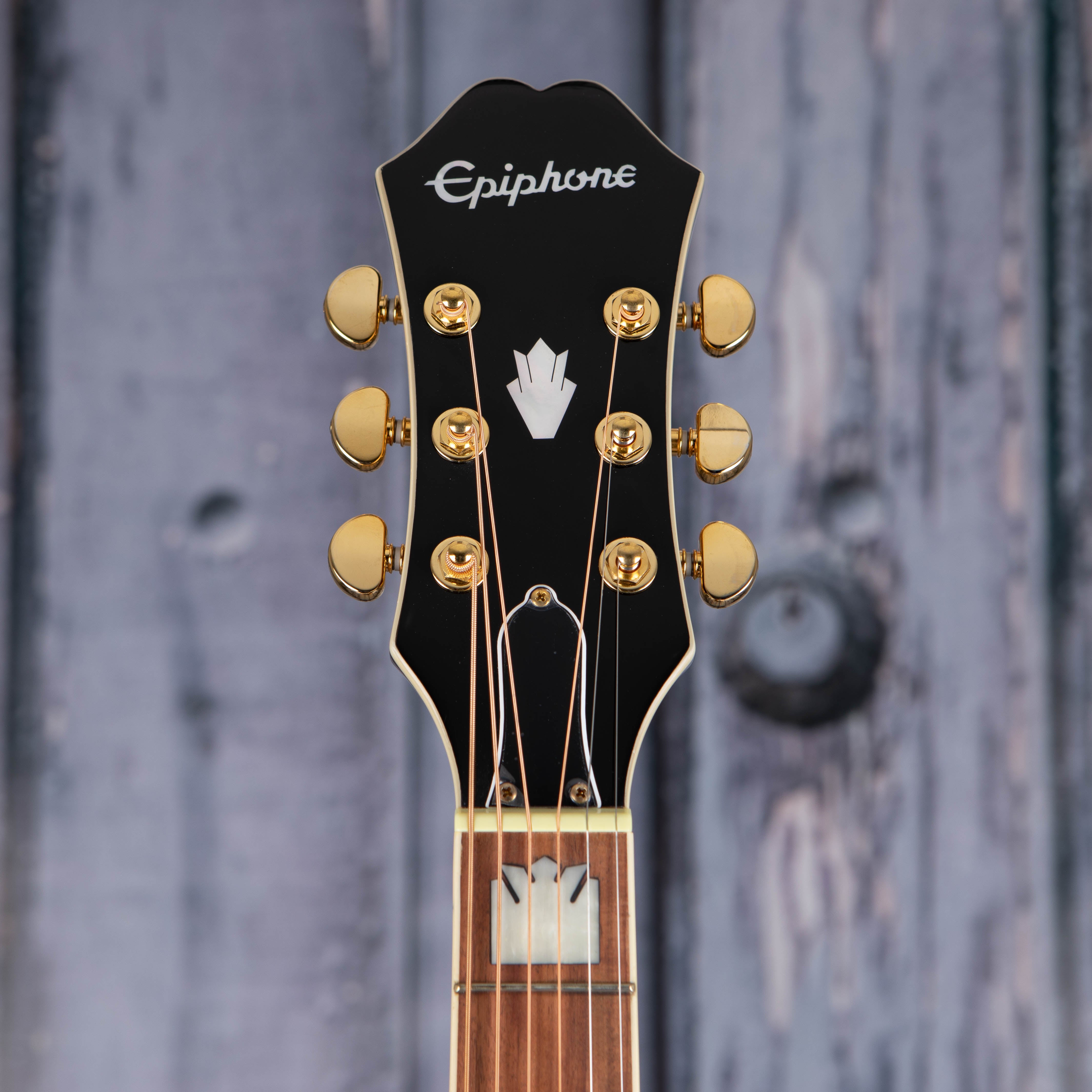 Epiphone J-200 EC Studio Acoustic/Electric Guitar, Vintage Sunburst, front headstock