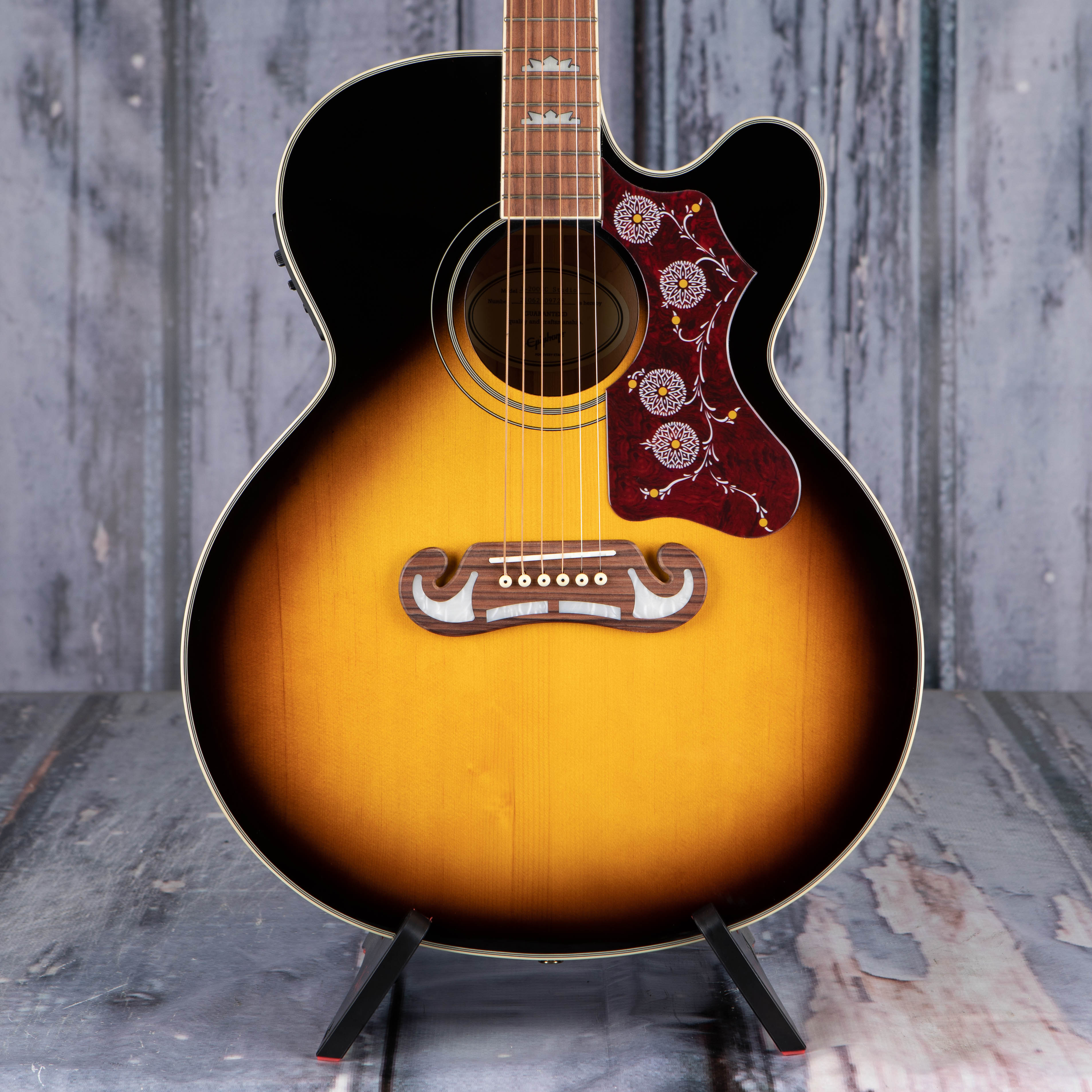 Epiphone J-200 EC Studio Acoustic/Electric Guitar, Vintage Sunburst, front closeup