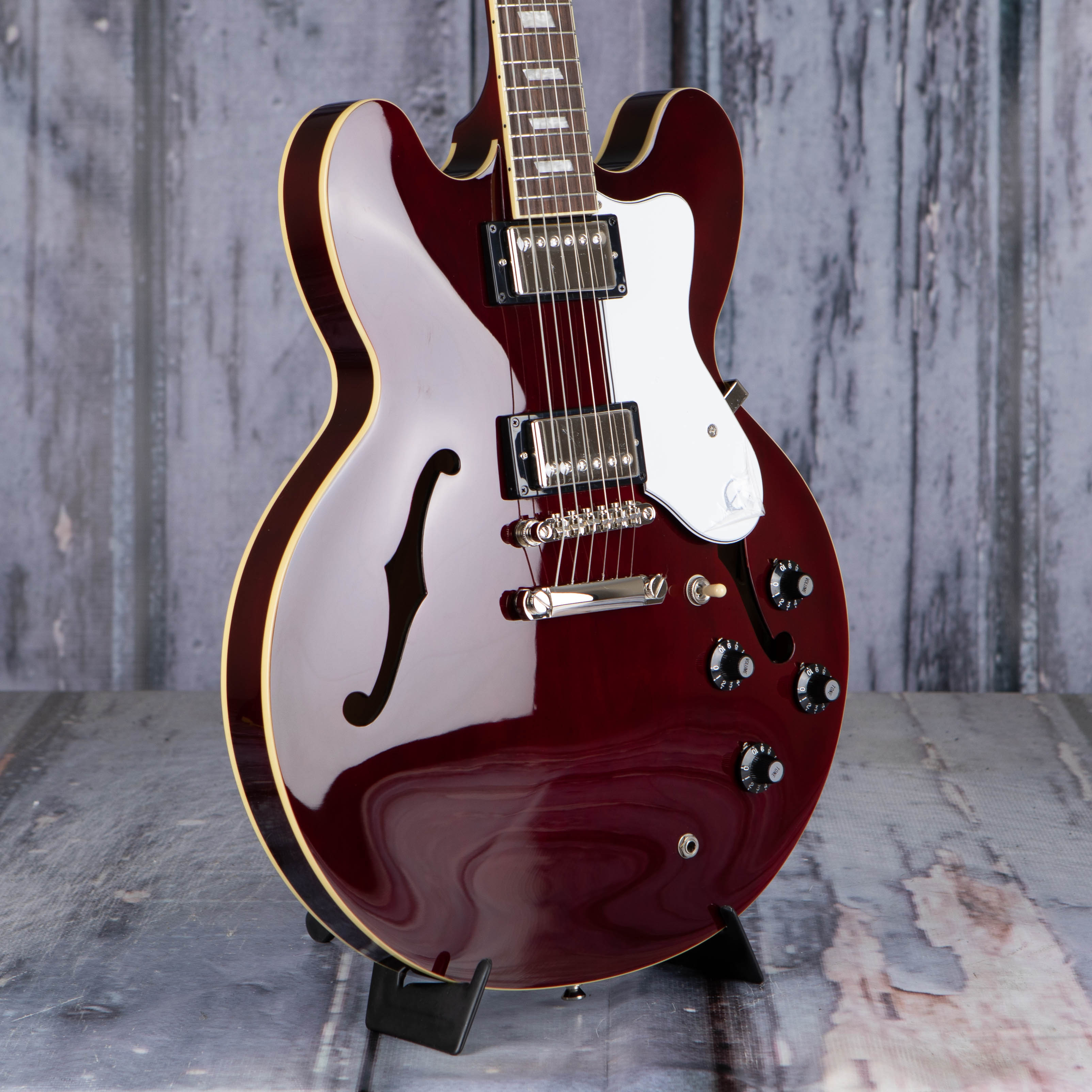Epiphone Noel Gallagher Riviera Semi-Hollowbody Guitar, Dark Wine Red, angle