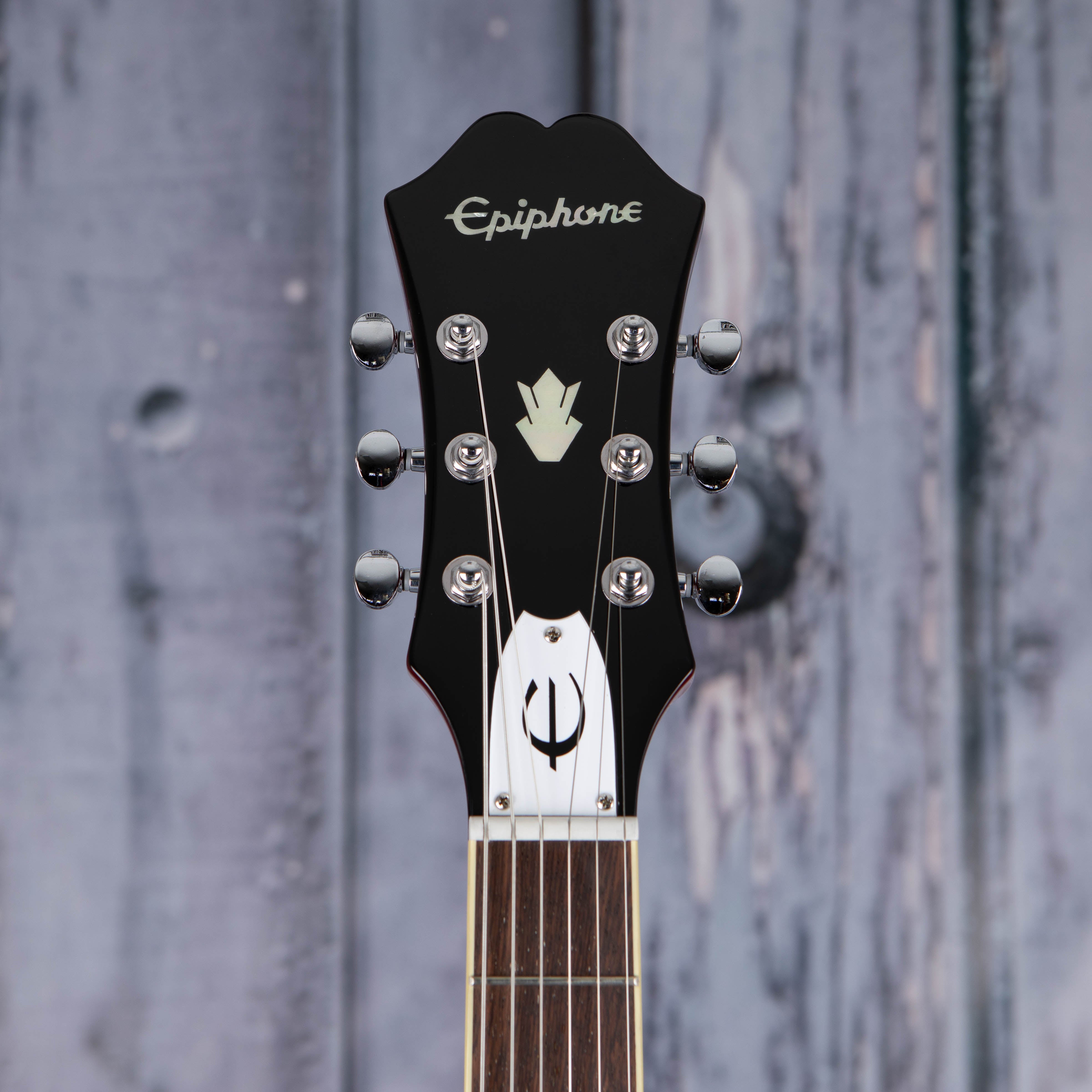 Epiphone Noel Gallagher Riviera Semi-Hollowbody Guitar, Dark Wine Red, front headstock