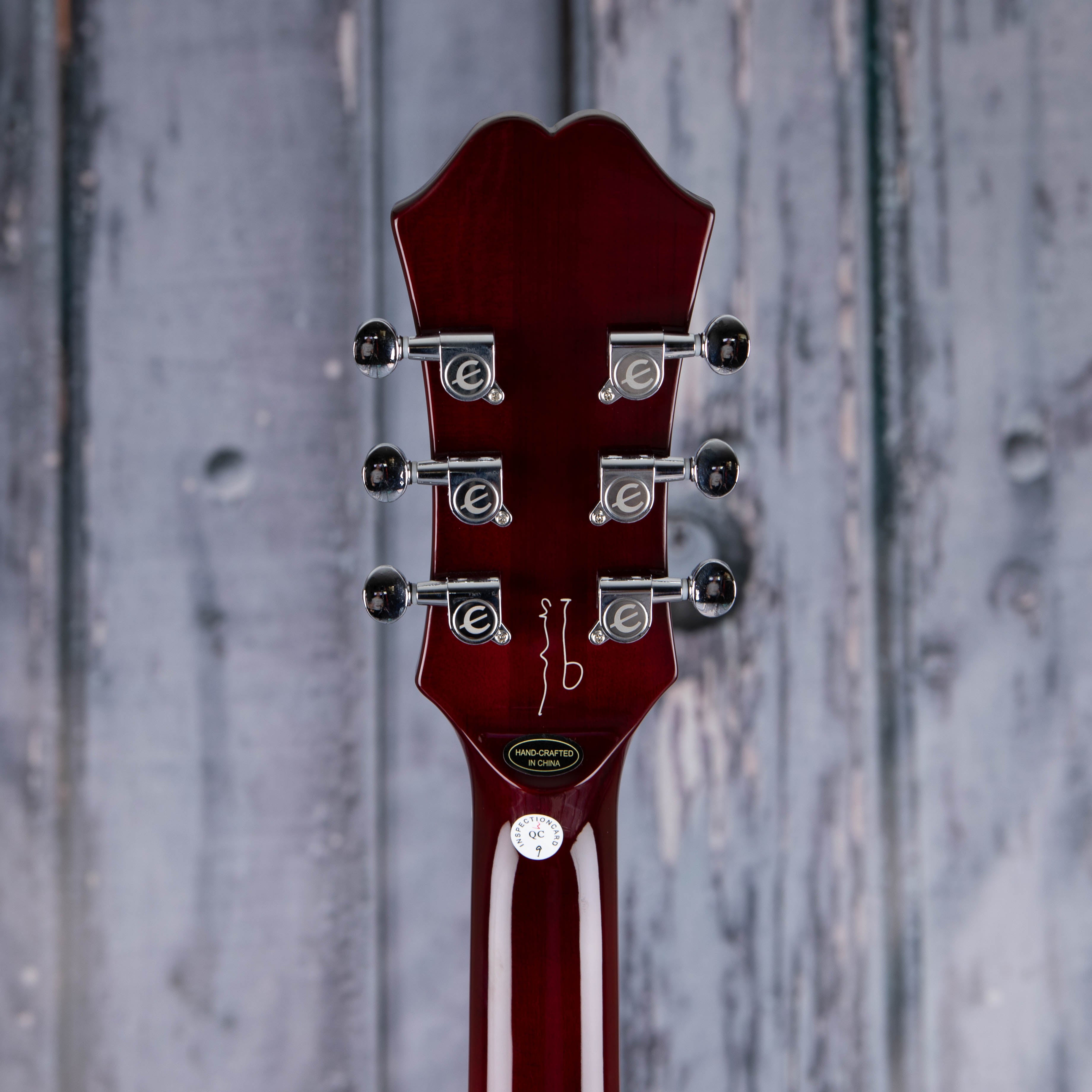 Epiphone Noel Gallagher Riviera Semi-Hollowbody Guitar, Dark Wine Red, back headstock