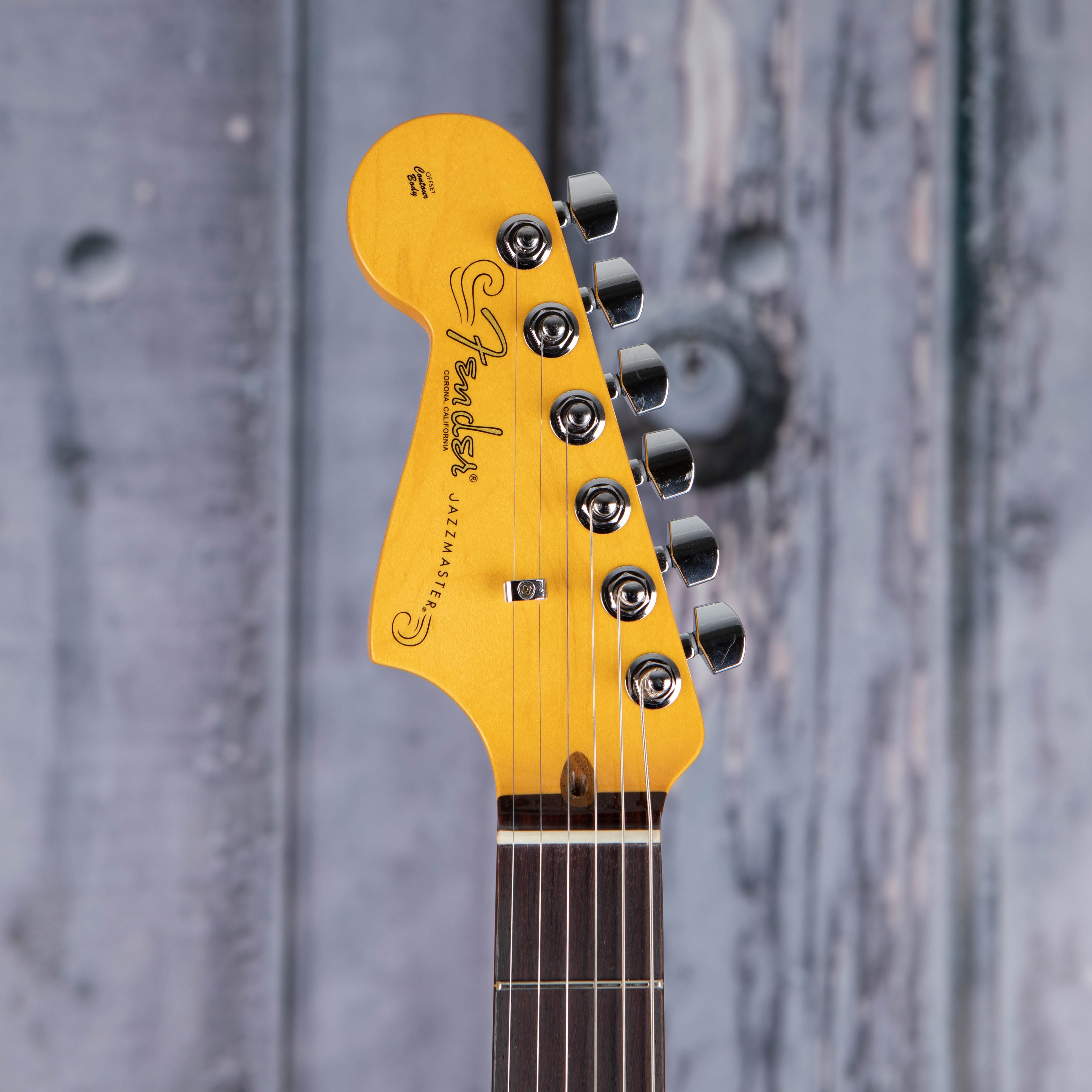 Fender American Professional II Jazzmaster Left-Handed Electric Guitar, Mercury, front headstock
