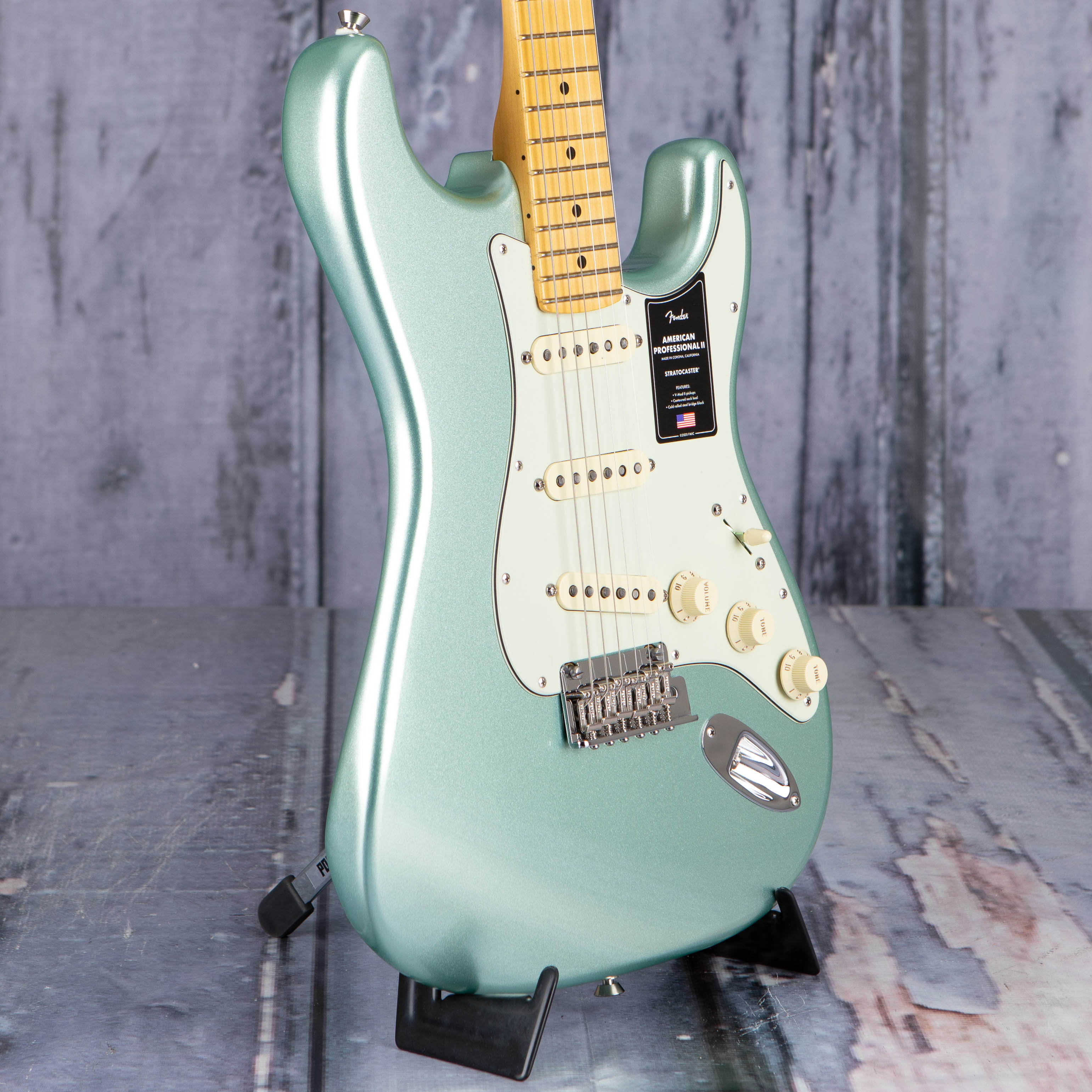 Fender American Professional II Stratocaster Electric Guitar, Mystic Surf Green, angle