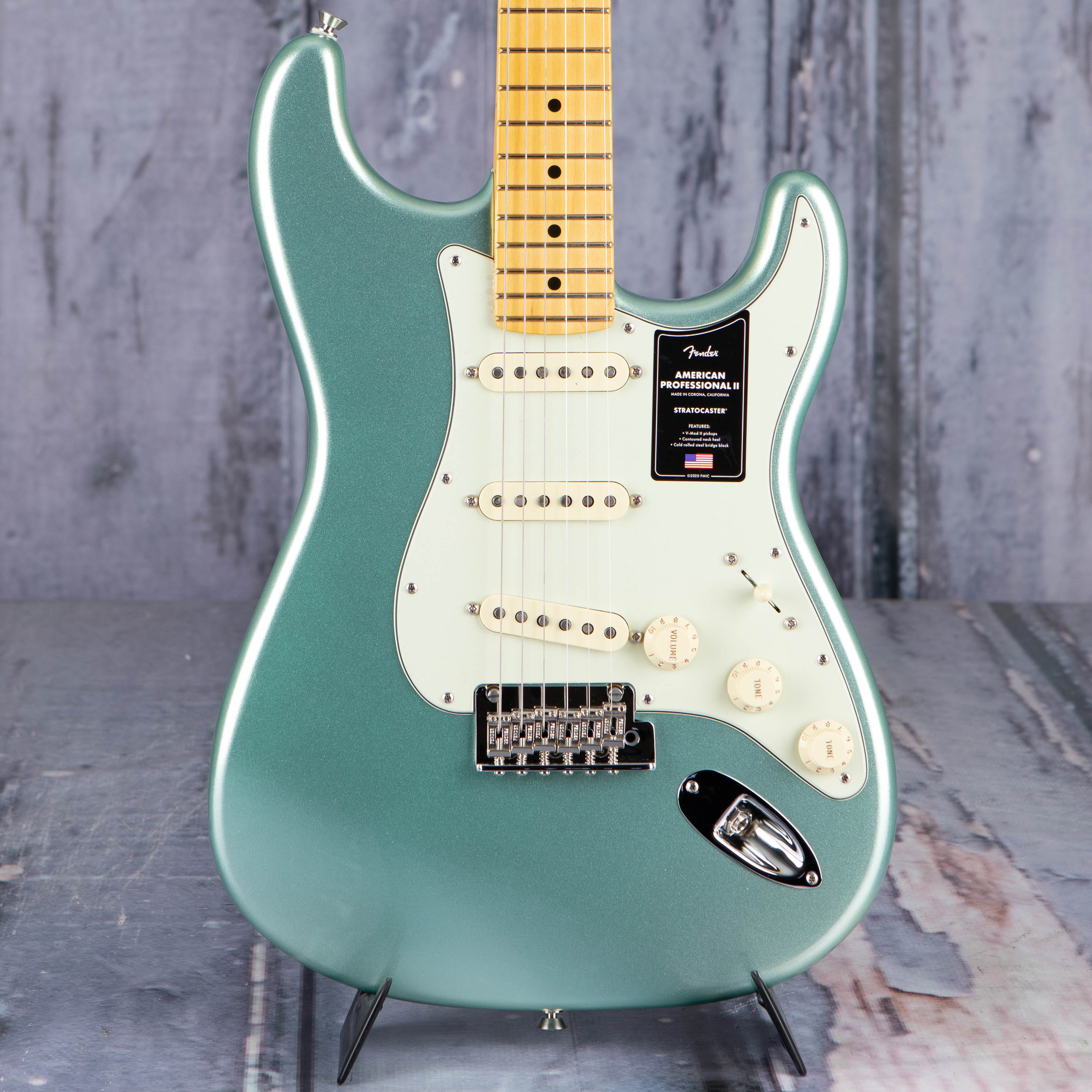 Fender American Professional II Stratocaster Electric Guitar, Mystic Surf Green, front closeup