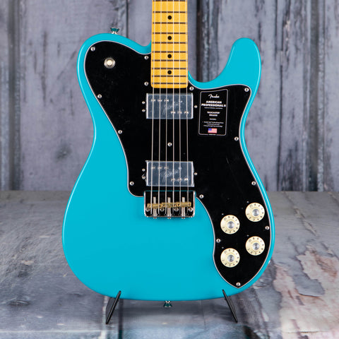 Fender American Professional II Telecaster Deluxe Electric Guitar, Miami Blue, front closeup