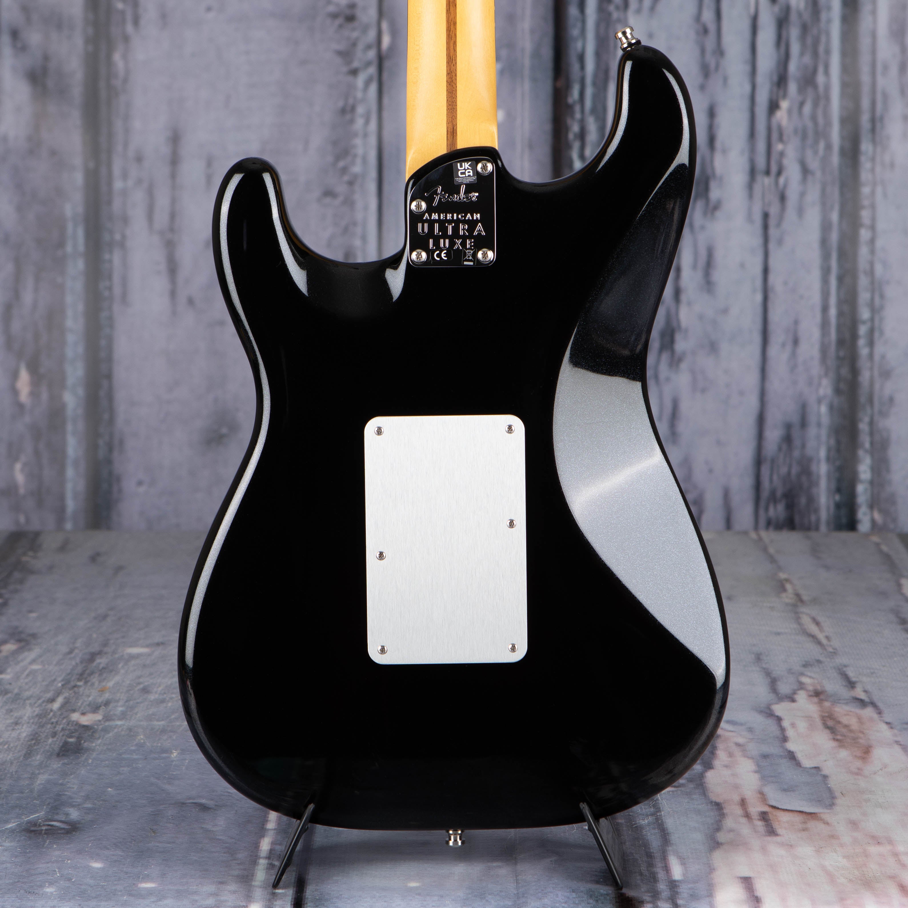 Fender American Ultra Luxe Stratocaster Floyd Rose HSS Electric Guitar, Mystic Black, back closeup