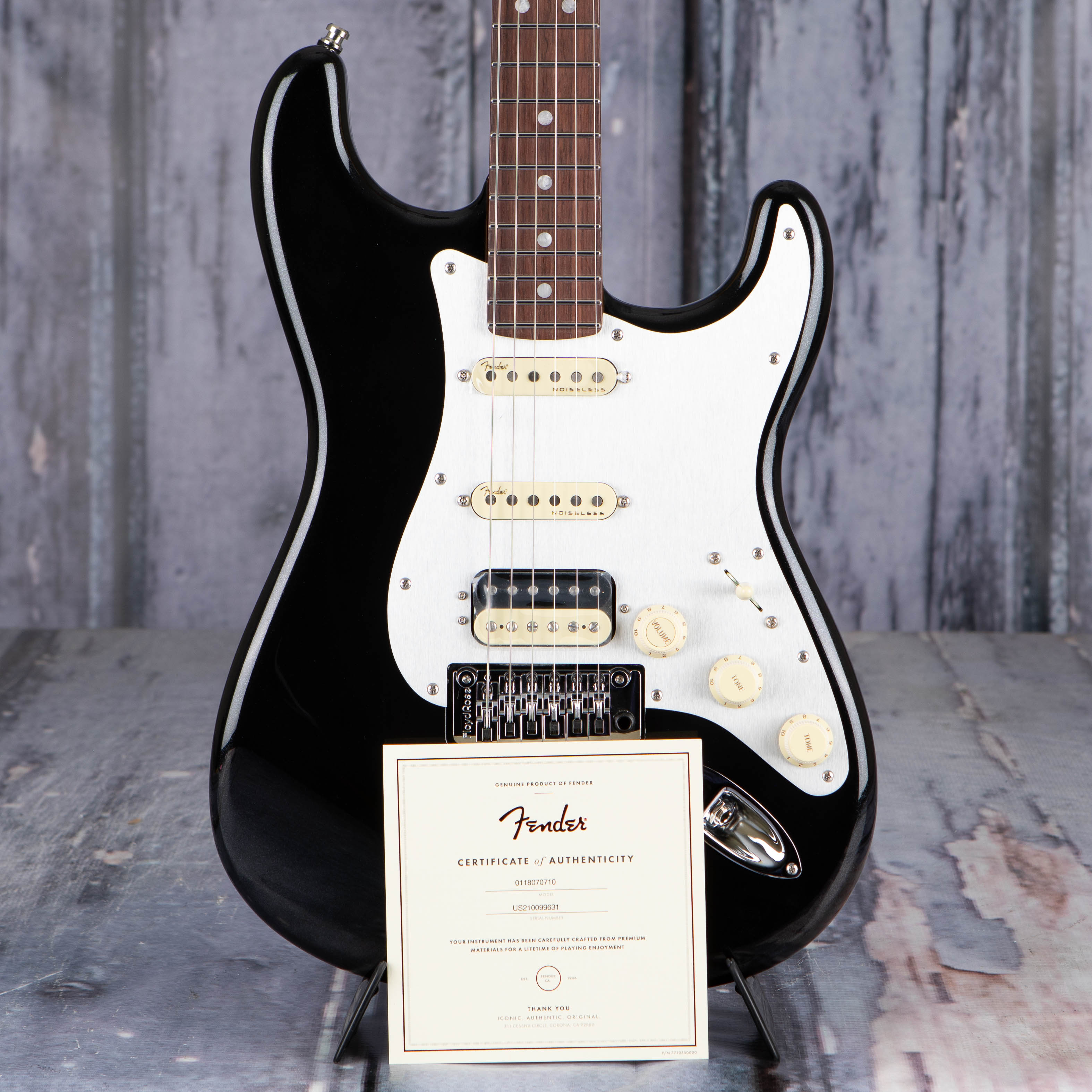 Fender American Ultra Luxe Stratocaster Floyd Rose HSS Electric Guitar, Mystic Black, coa