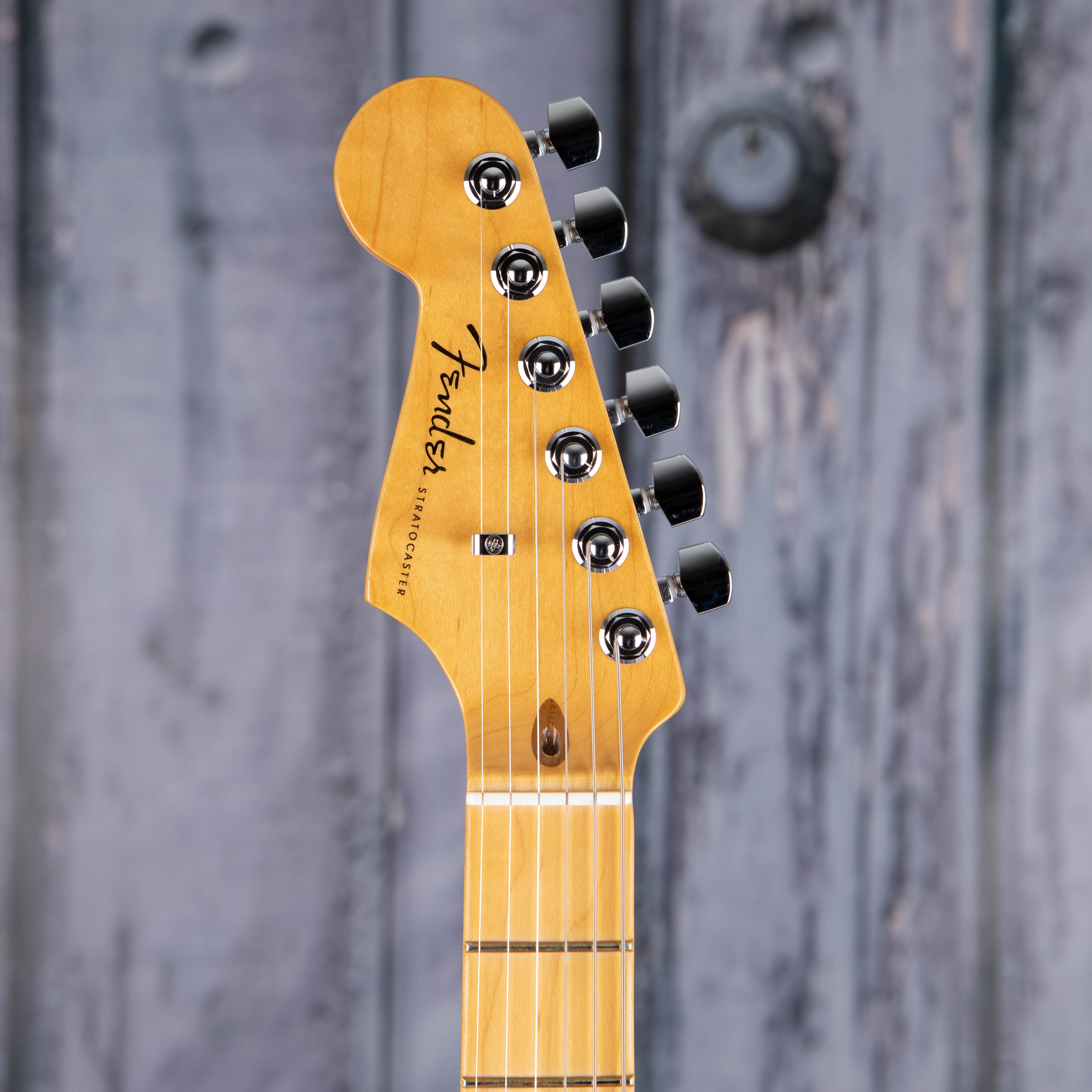 Fender American Ultra Stratocaster Left-Handed Electric Guitar, Texas Tea, front headstock