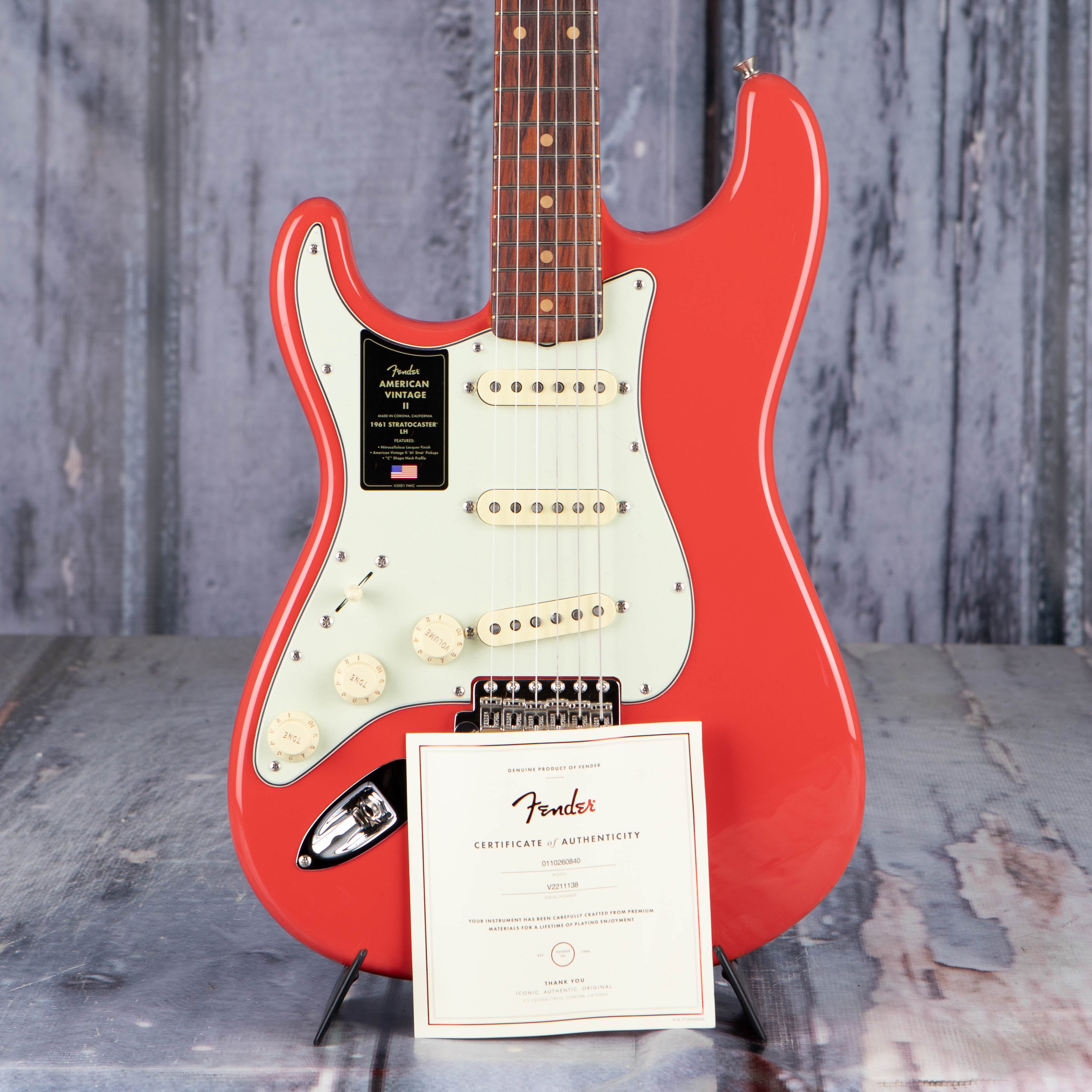 Fender American Vintage II 1961 Stratocaster Left-Handed Electric Guitar, Fiesta Red, coa