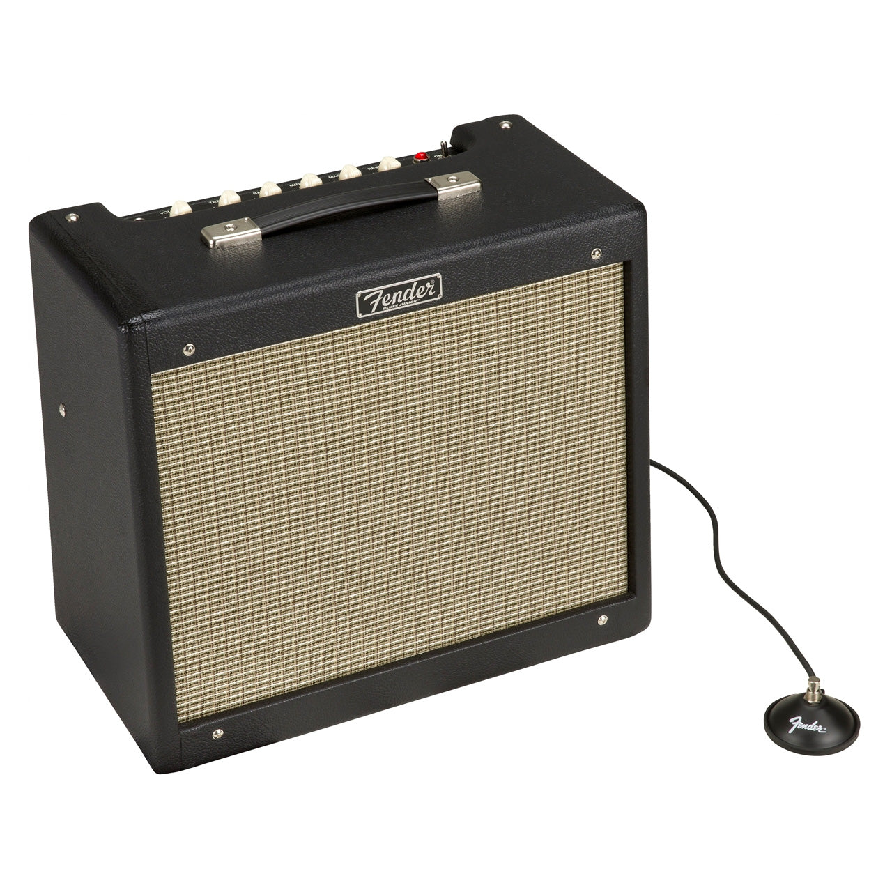 Fender Blues Junior IV, Black. angle, with footswitch