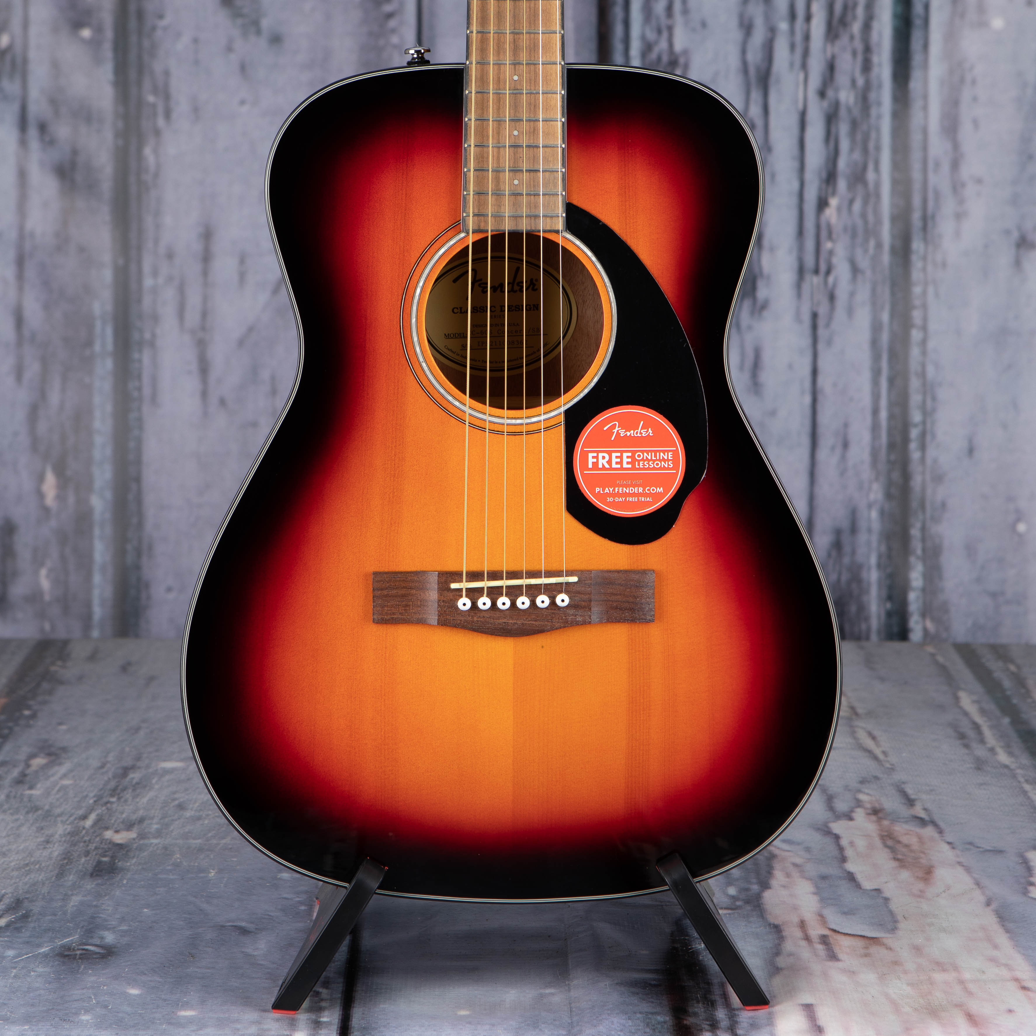 Fender CC-60S Concert Acoustic Guitar, 3-Color Sunburst, front closeup