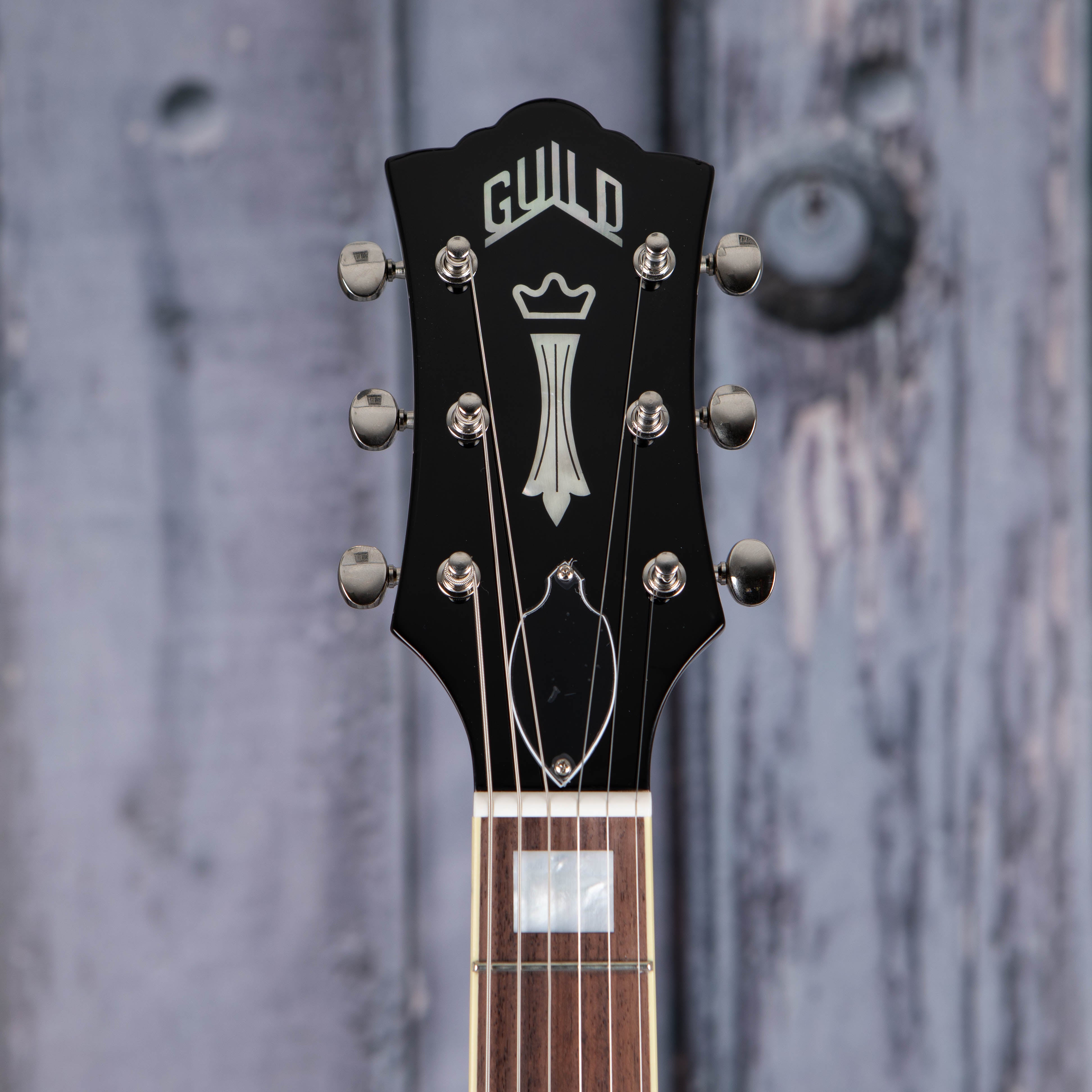 Guild Bluesbird Electric Guitar, Black, front headstock