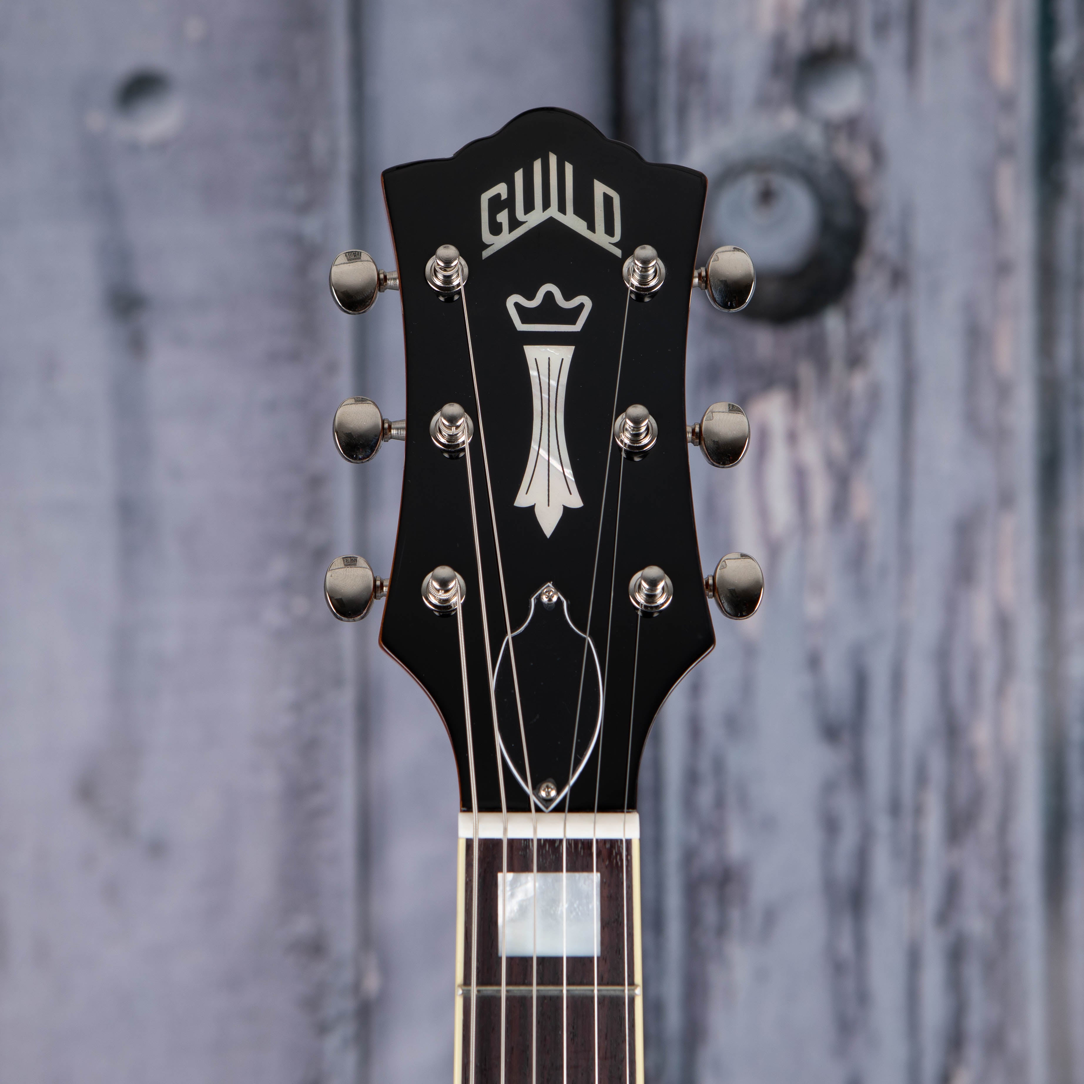 Guild Bluesbird Electric Guitar, Iced Tea Burst, front headstock