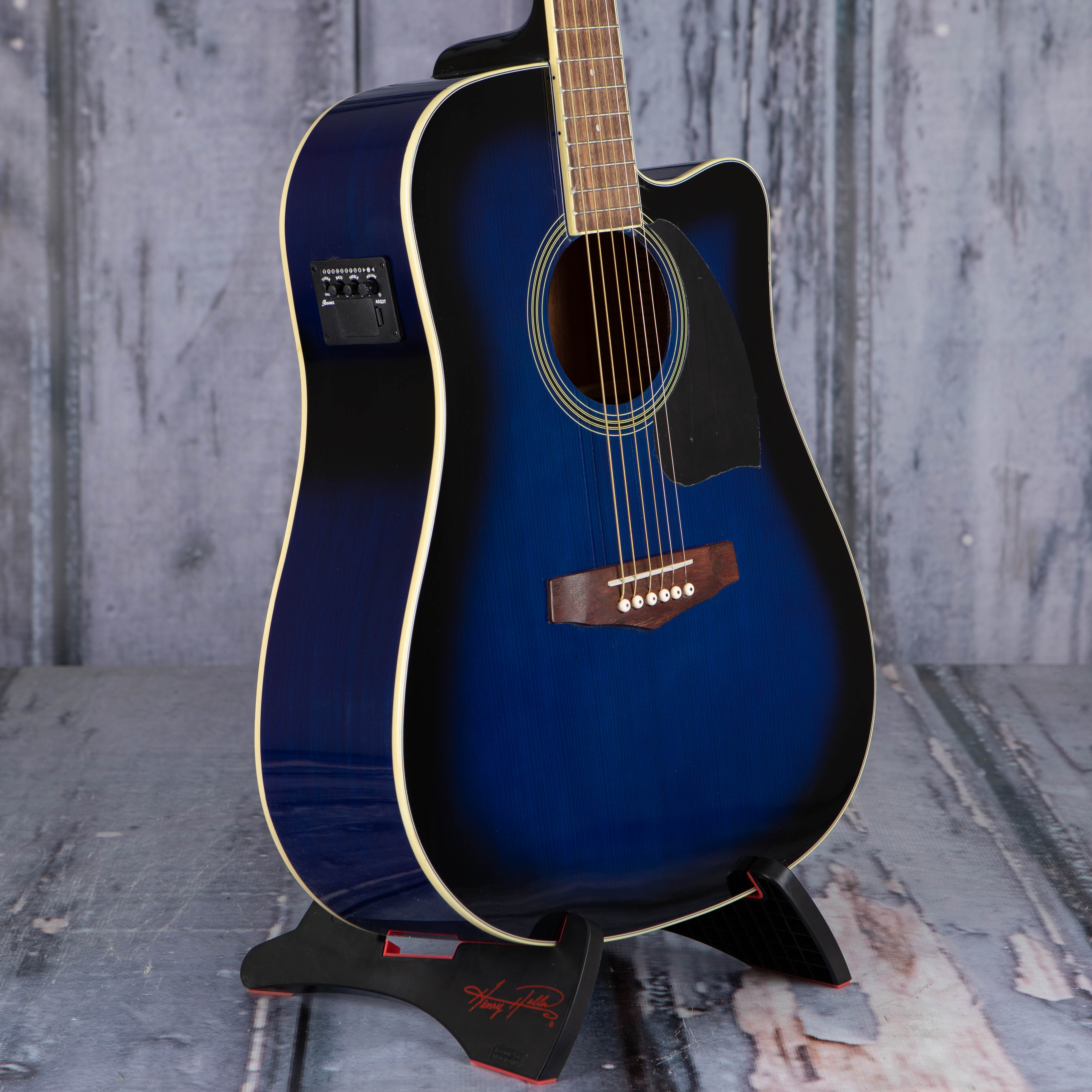 Ibanez PF15ECE Acoustic/Electric Guitar, Transparent Blue Sunburst, angle