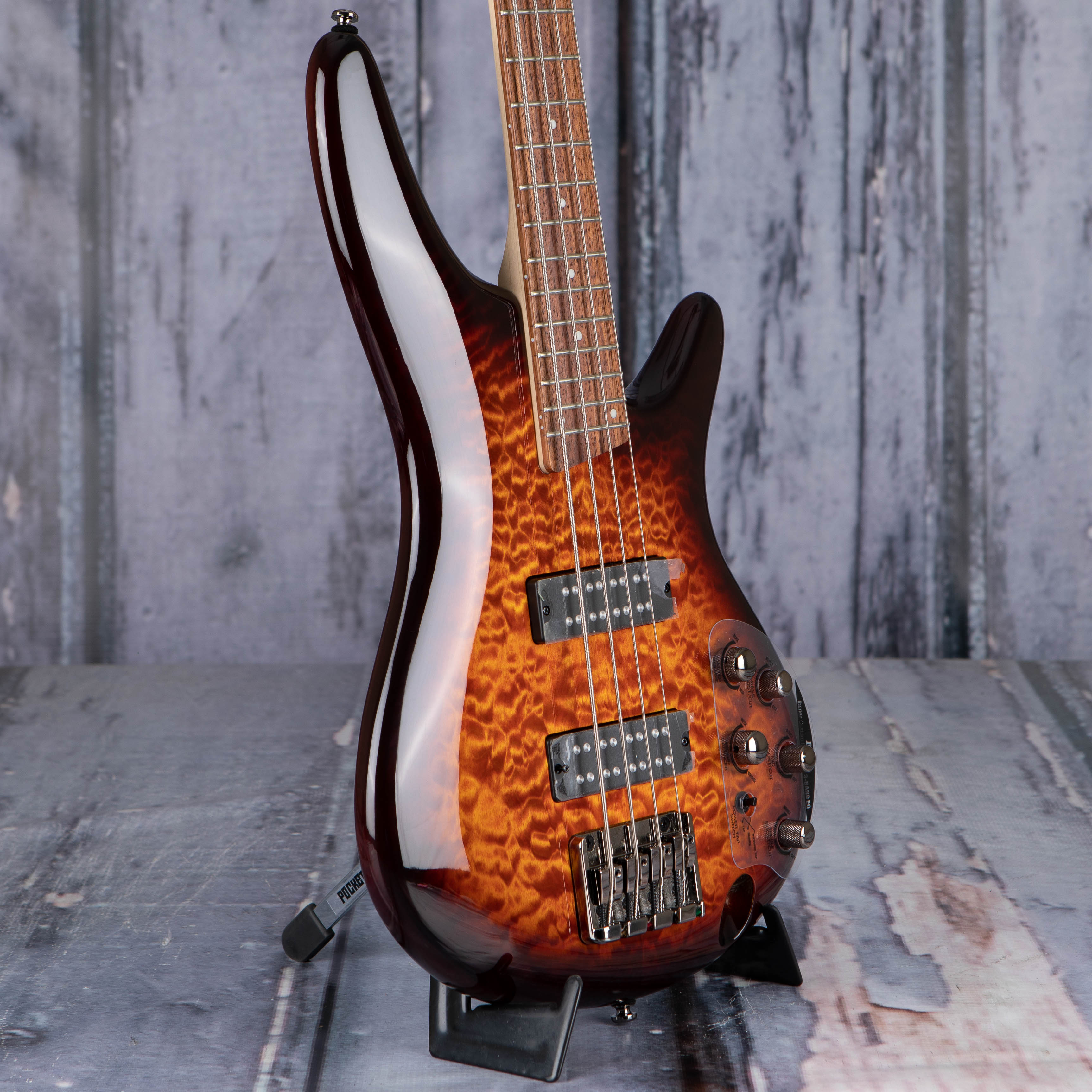 Ibanez Standard SR400EQM Electric Bass Guitar, Dragon Eye Burst, angle