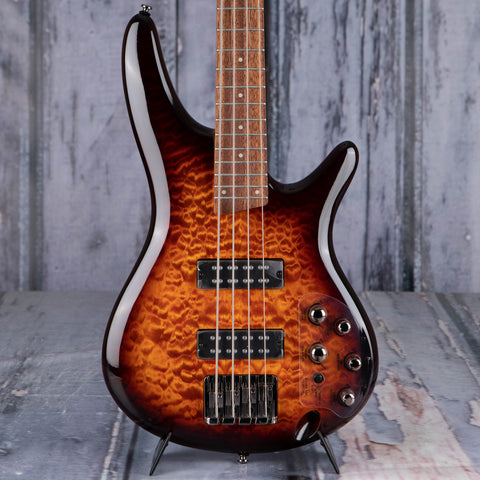 Ibanez Standard SR400EQM Electric Bass Guitar, Dragon Eye Burst, front closeup