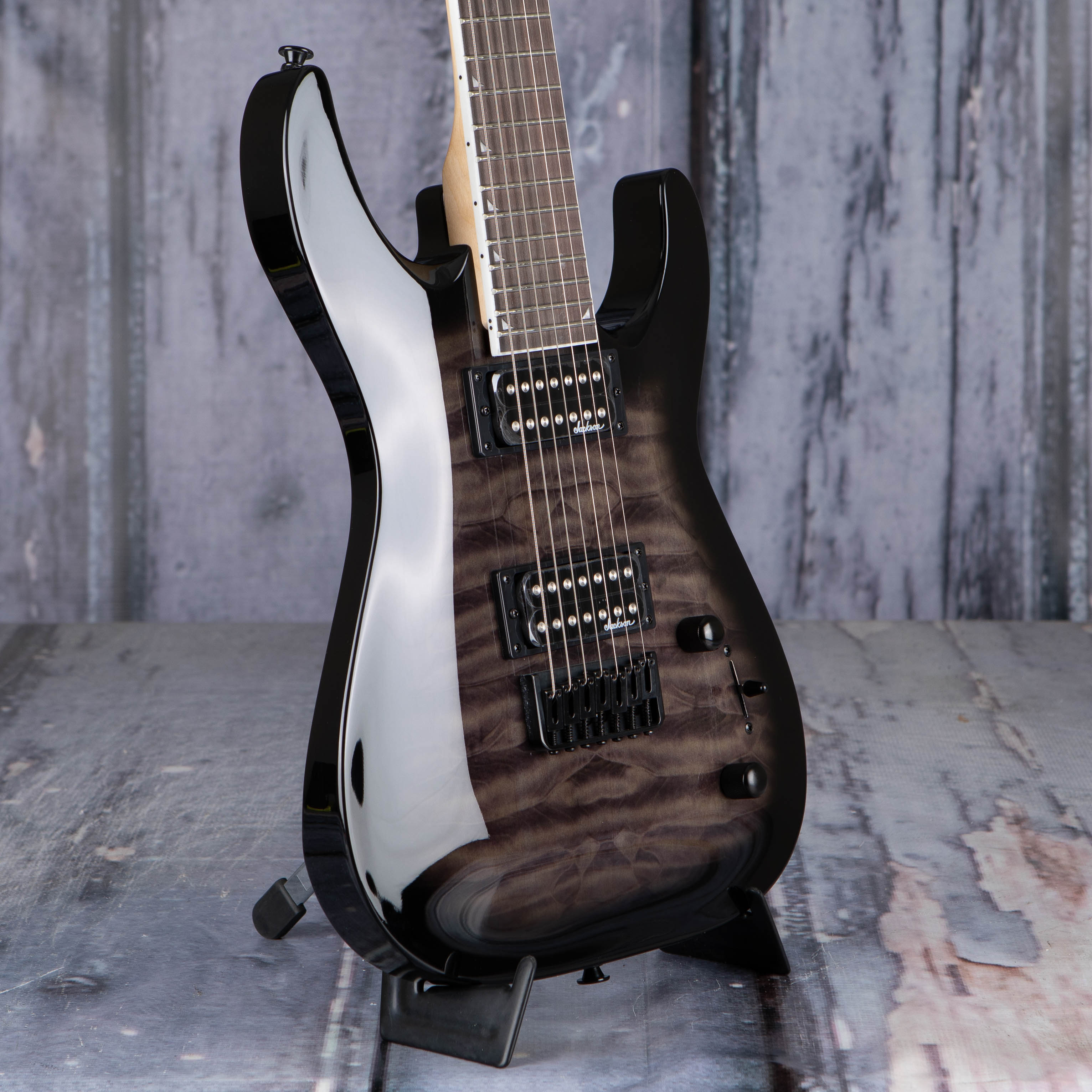 Jackson JS Series Dinky Arch Top JS22Q-7 DKA HT 7-String Electric Guitar, Transparent Black Burst, angle