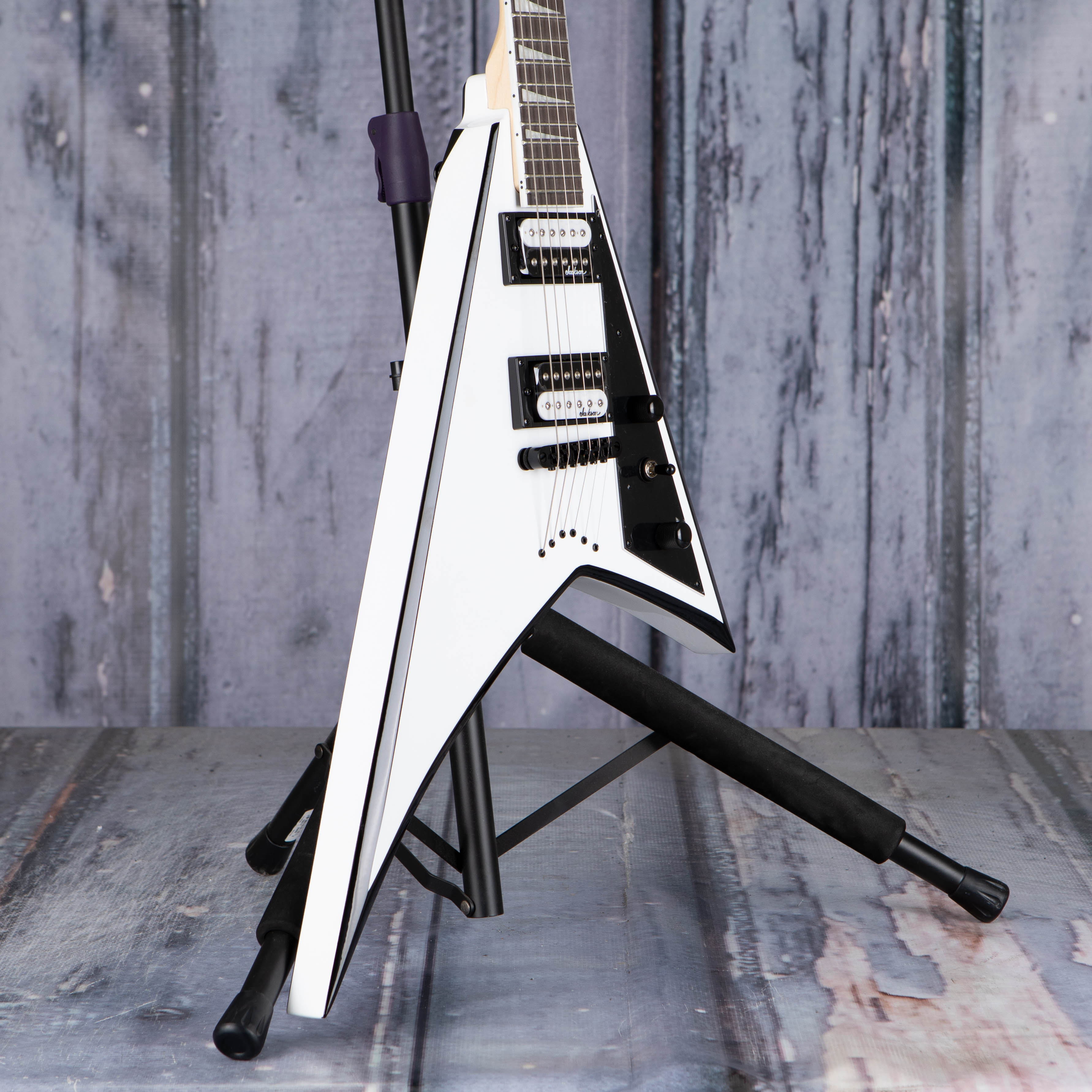 Jackson JS Series Rhoads JS32T Electric Guitar, White w/ Black Bevels, angle