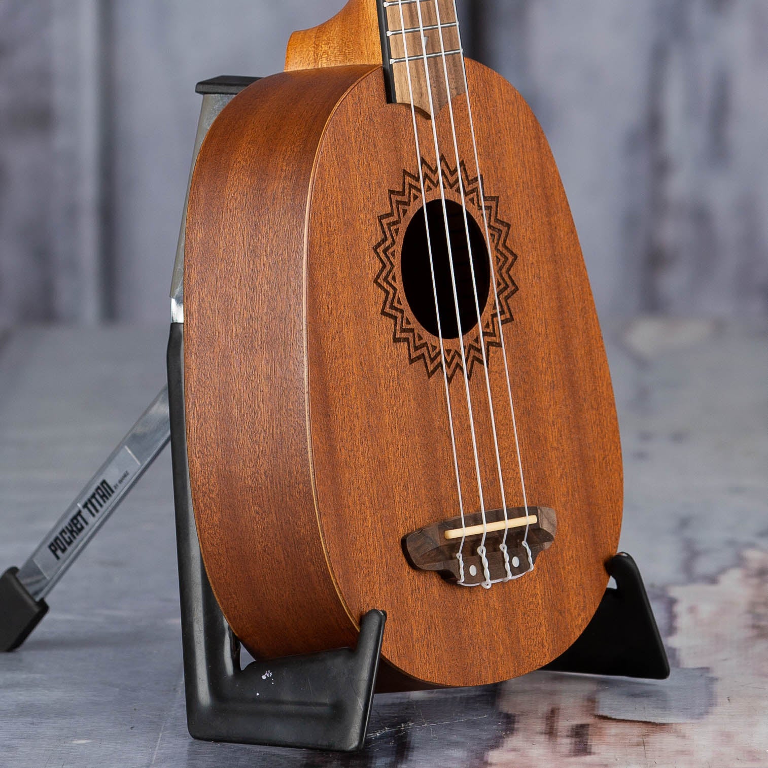 Luna Vintage Mahogany Pineapple Ukulele, Red Satin, angle